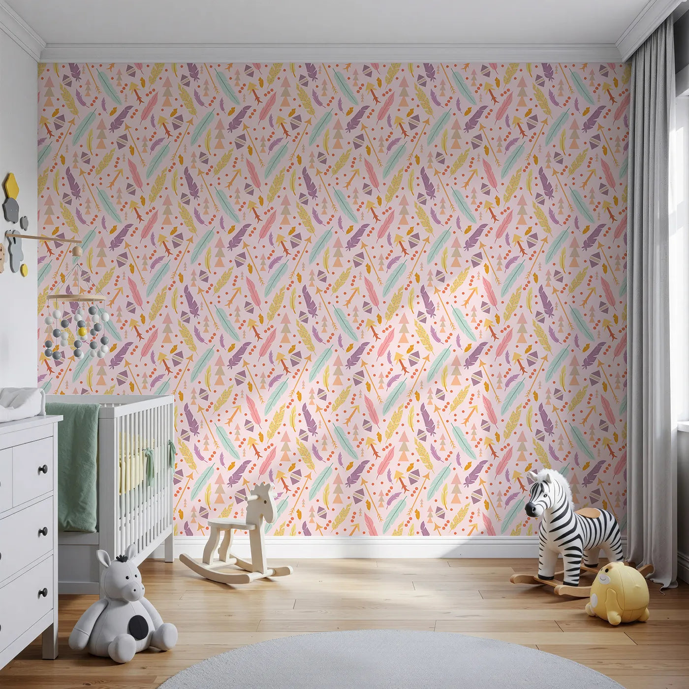 Front view of Whimsy Tots' Feather Arrow Confetti Wallpaper in Petal Pink