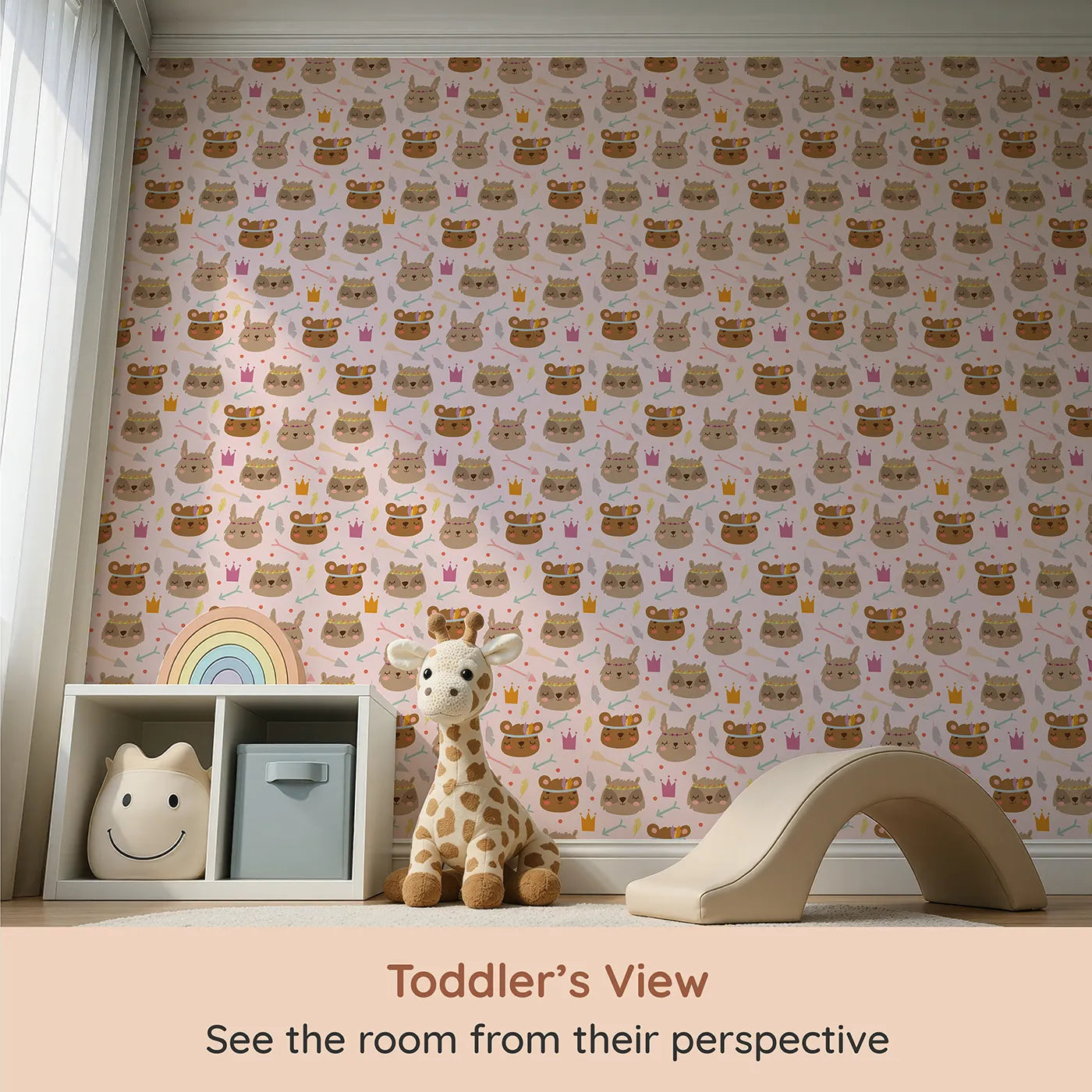 Whimsy Tots Feather Crown Critters Wallpaper in Petal Pink (W3153A) from your child's view.Sleepy critters wear feather crowns and pastel smiles.