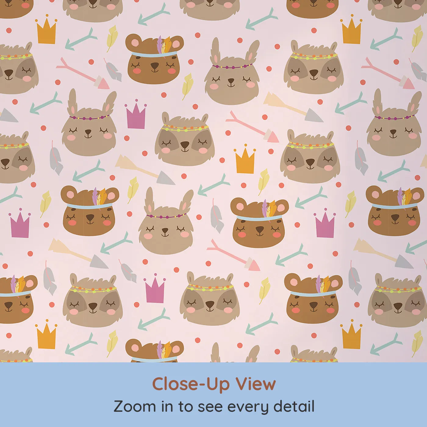 Close-up view of Whimsy Tots' Feather Crown Critters Wallpaper in Petal Pink (W3153A).Sleepy critters wear feather crowns and pastel smiles.