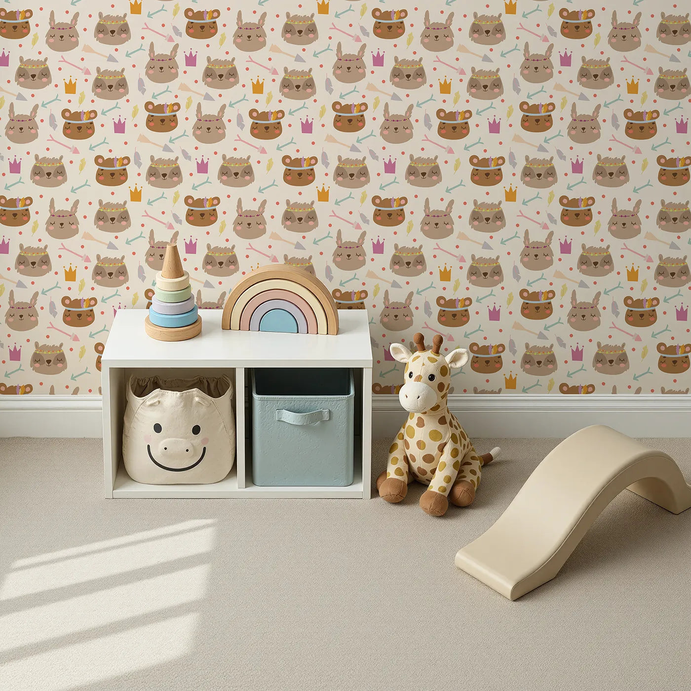 Top-Down view of Whimsy Tots' Feather Crown Critters Wallpaper in Beige (W3153B).Sleepy critters wear feather crowns and pastel smiles.