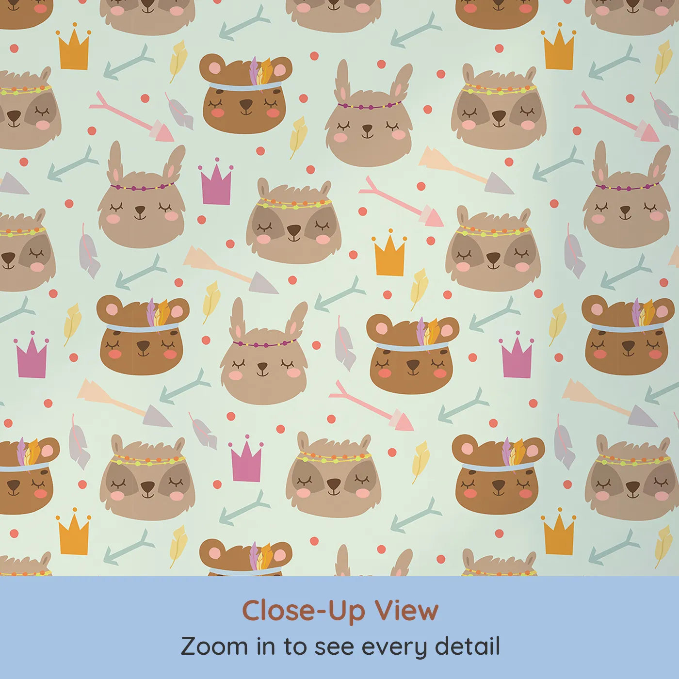 Close-up view of Whimsy Tots' Feather Crown Critters Wallpaper in Meadow Green (W3153C).Sleepy critters wear feather crowns and pastel smiles.