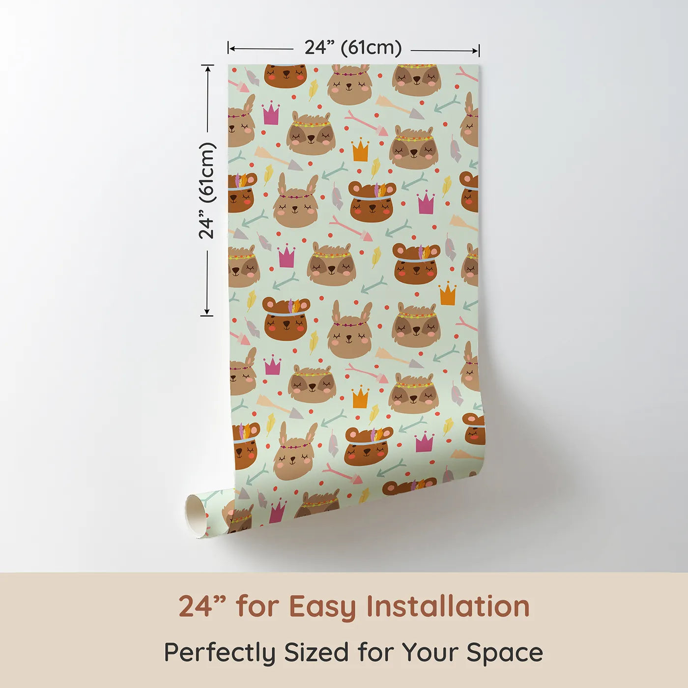 Dimension view of Whimsy Tots Feather Crown Critters Wallpaper in Meadow Green (W3153C). Printed in 24-inch-wide panel for easy installation. Sleepy critters wear feather crowns and pastel smiles.