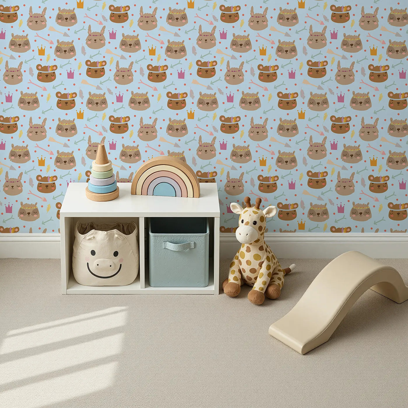 Top-Down view of Whimsy Tots' Feather Crown Critters Wallpaper in Soft Sky Blue (W3153D).Sleepy critters wear feather crowns and pastel smiles.