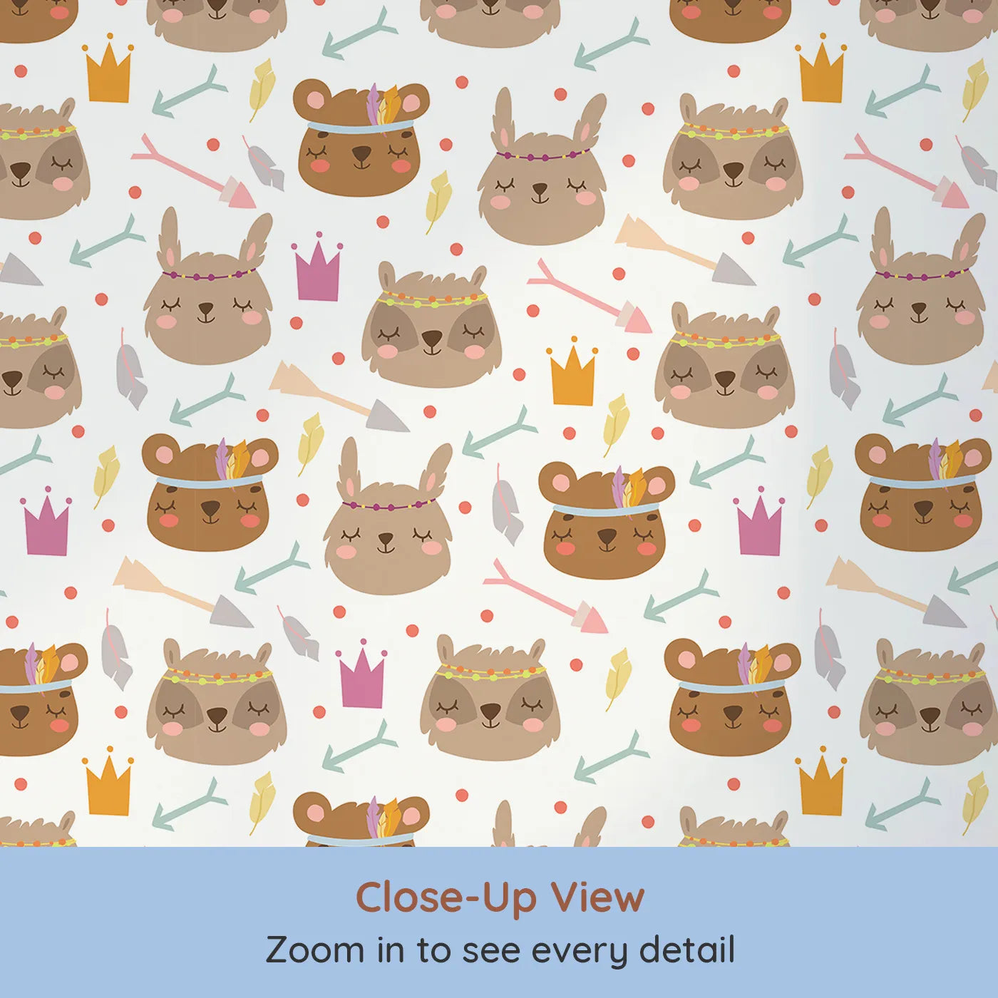 Close-up view of Whimsy Tots' Feather Crown Critters Wallpaper in Cream White (W3153E).Sleepy critters wear feather crowns and pastel smiles.