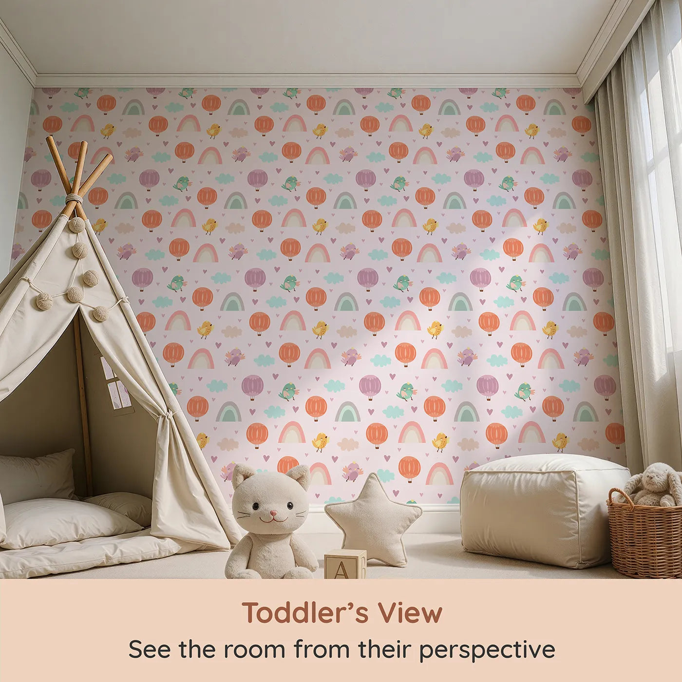 Whimsy Tots Birdie Rainbow Float Parade Wallpaper in Blush Dream Pink (W3155A) from your child's view.Happy birds, gentle hearts, and pastel balloons drift across a pinky sky.