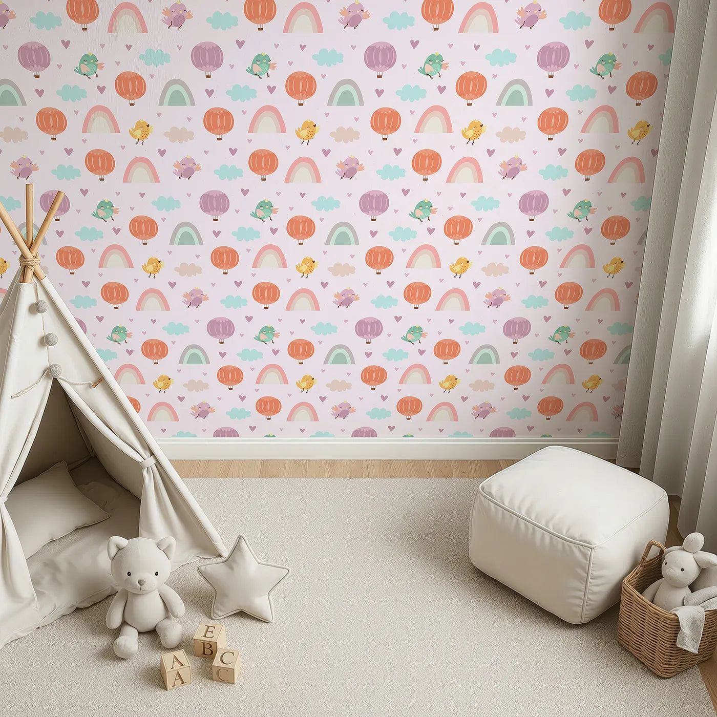 Top-Down view of Whimsy Tots' Birdie Rainbow Float Parade Wallpaper in Blush Dream Pink (W3155A).Happy birds, gentle hearts, and pastel balloons drift across a pinky sky.