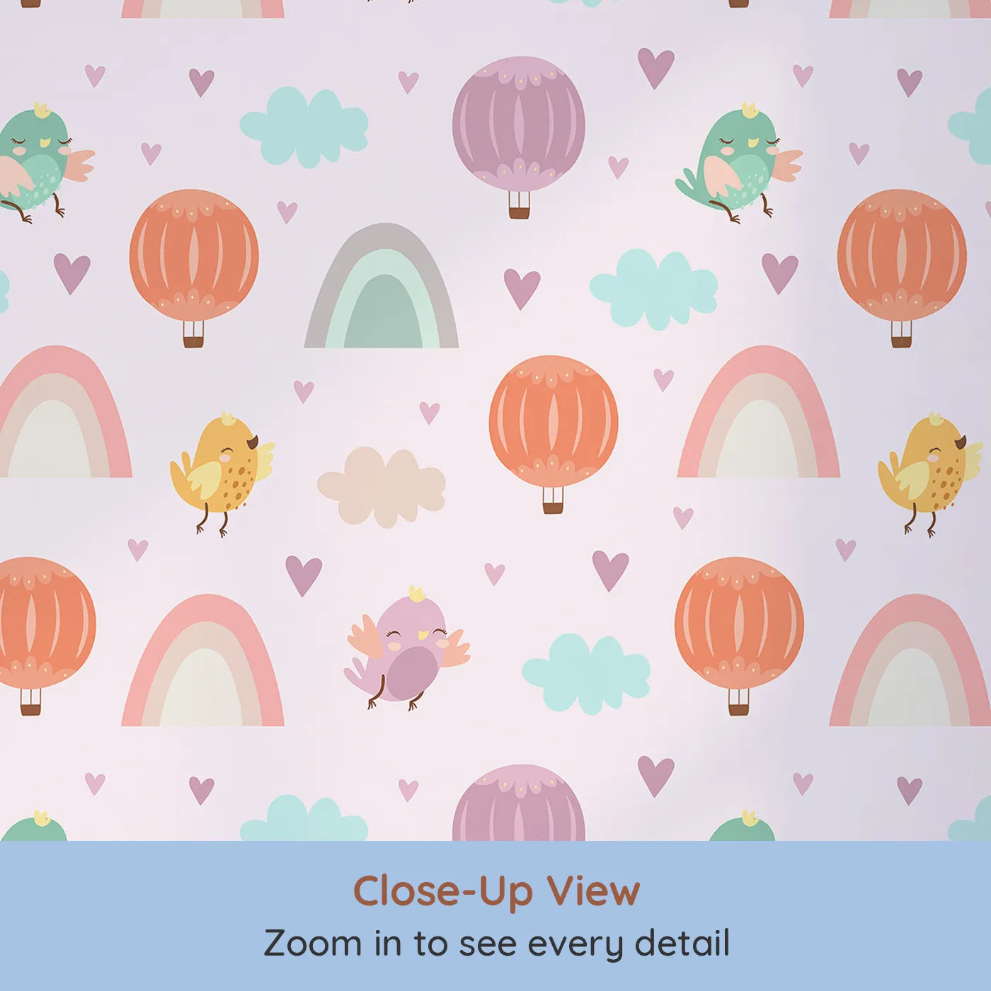 Close-up view of Whimsy Tots' Birdie Rainbow Float Parade Wallpaper in Blush Dream Pink (W3155A).Happy birds, gentle hearts, and pastel balloons drift across a pinky sky.