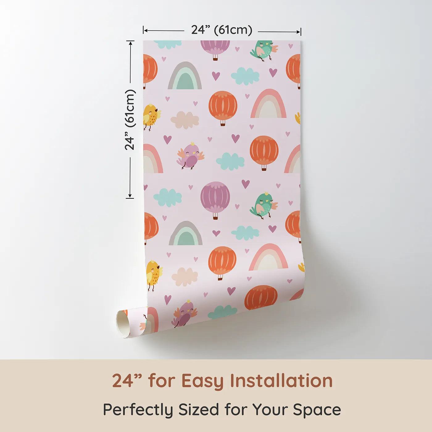 Dimension view of Whimsy Tots Birdie Rainbow Float Parade Wallpaper in Blush Dream Pink (W3155A). Printed in 24-inch-wide panel for easy installation. Happy birds, gentle hearts, and pastel balloons drift across a pinky sky.