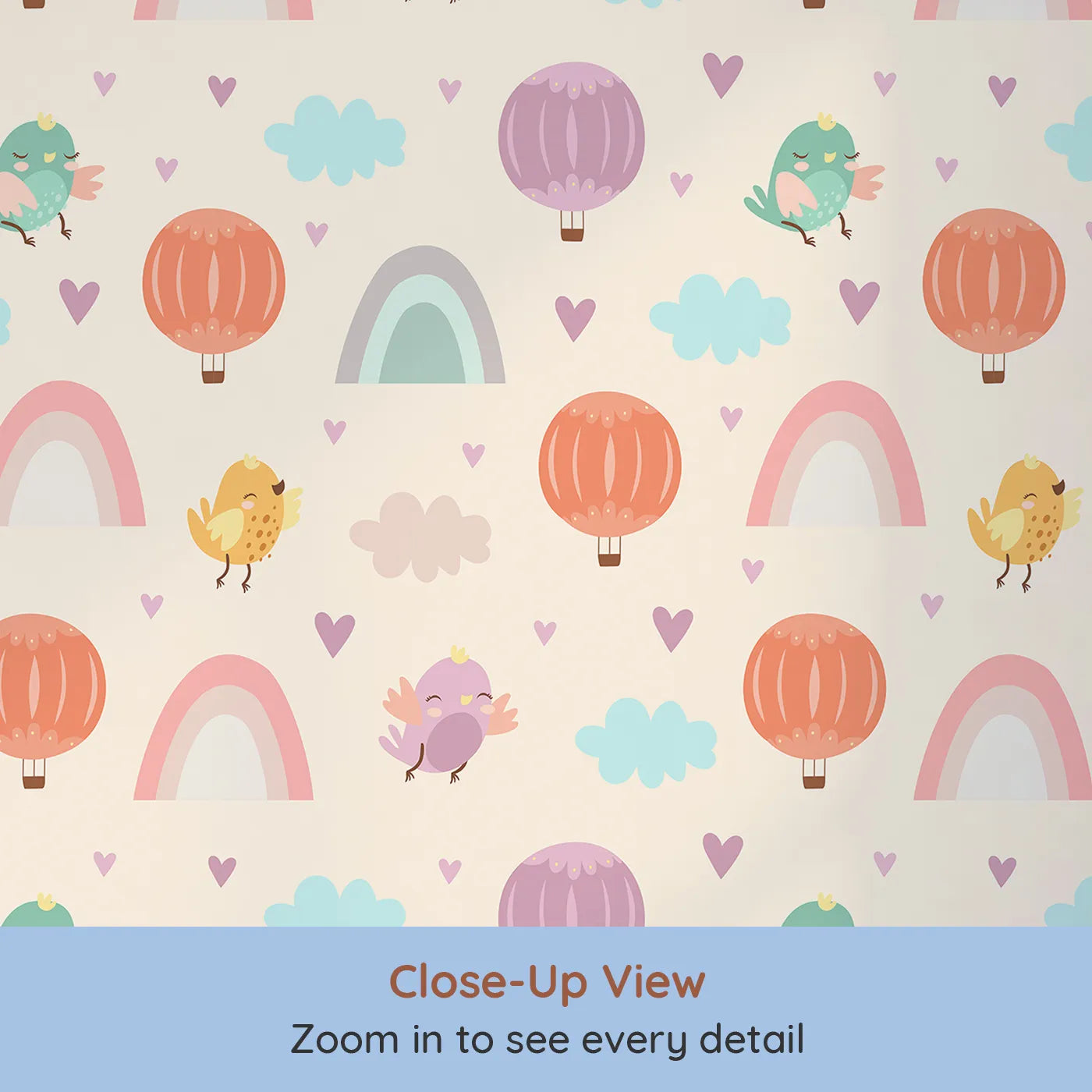 Close-up view of Whimsy Tots' Birdie Rainbow Float Parade Wallpaper in Vanilla Glow (W3155B).Birdsong, rainbows, and pastel skies swirl in a light vanilla dream.