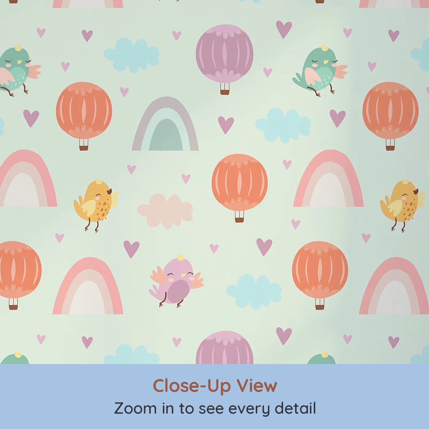 Close-up view of Whimsy Tots' Birdie Rainbow Float Parade Wallpaper in Mint Daydream Green (W3155C).Pastel birds, hearts, and balloons drift across a minty sky of joy.