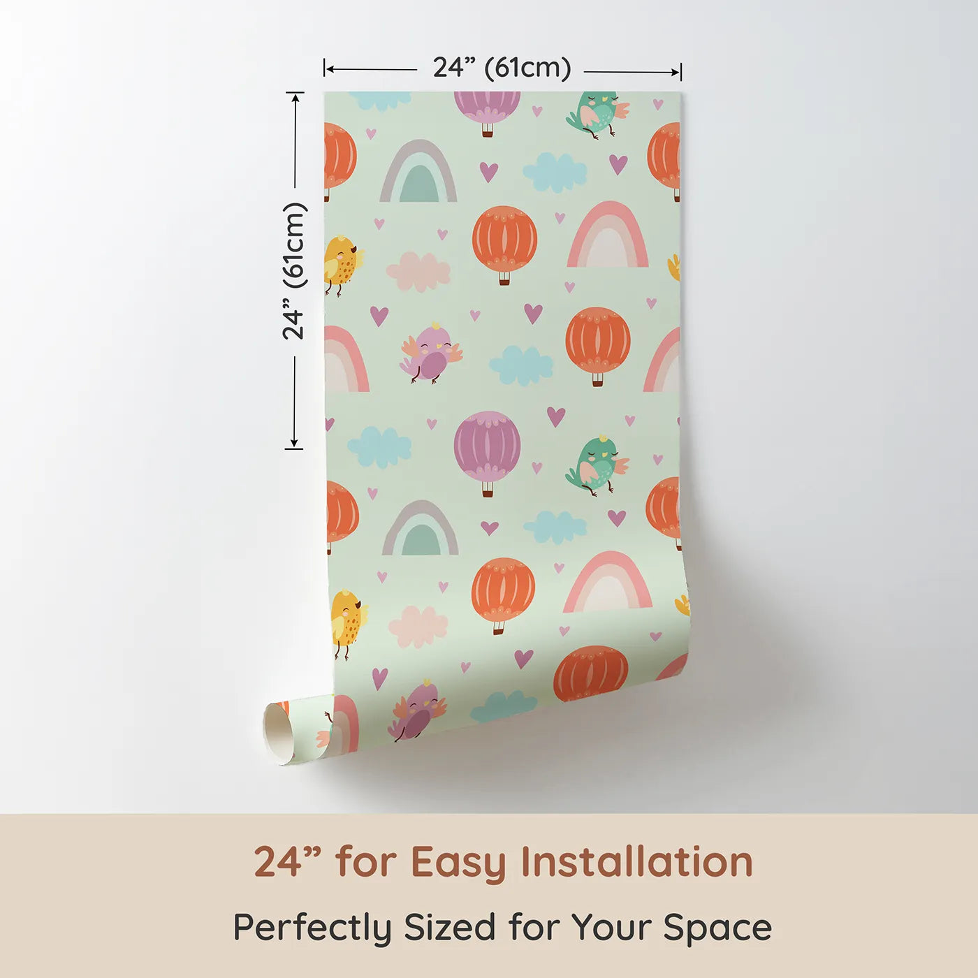 Dimension view of Whimsy Tots Birdie Rainbow Float Parade Wallpaper in Mint Daydream Green (W3155C). Printed in 24-inch-wide panel for easy installation. Pastel birds, hearts, and balloons drift across a minty sky of joy.