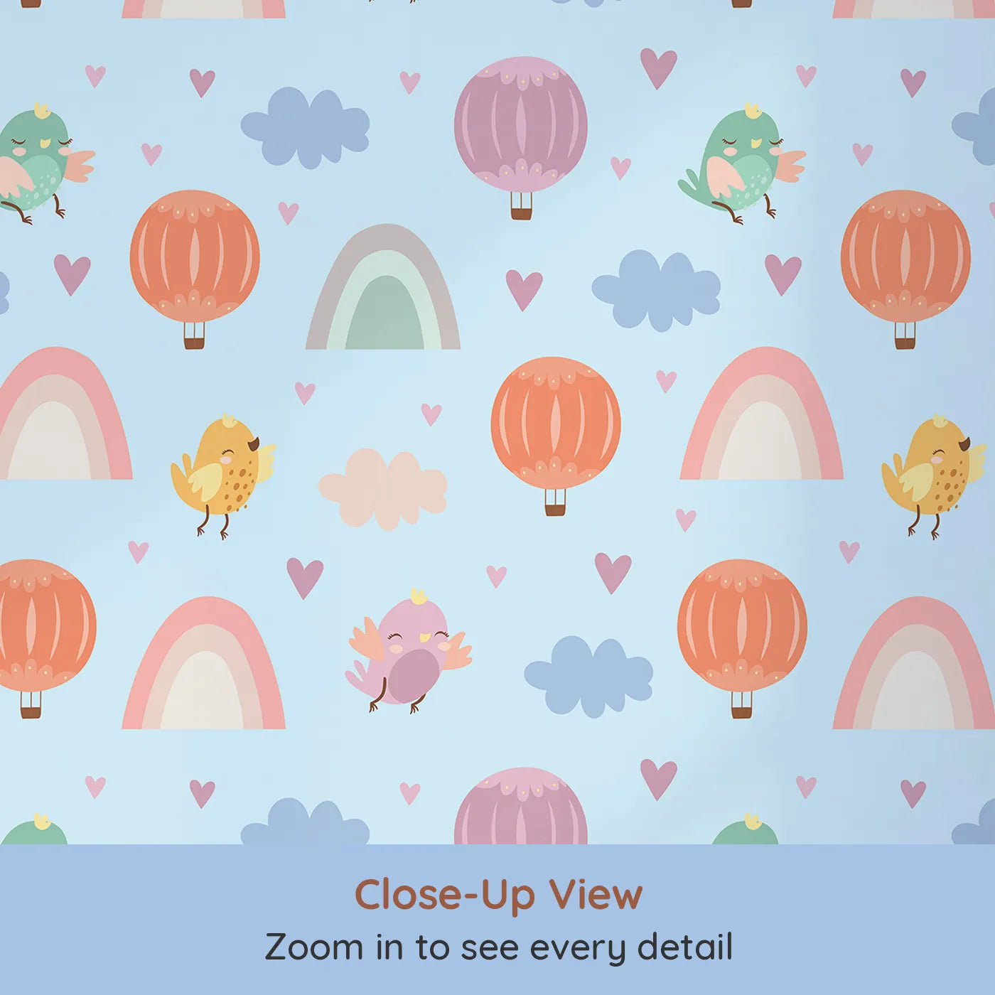 Close-up view of Whimsy Tots' Birdie Rainbow Float Parade Wallpaper in Sky Breeze (W3155D).Cheerful birds and gentle rainbows glide through a breezy blue sky.