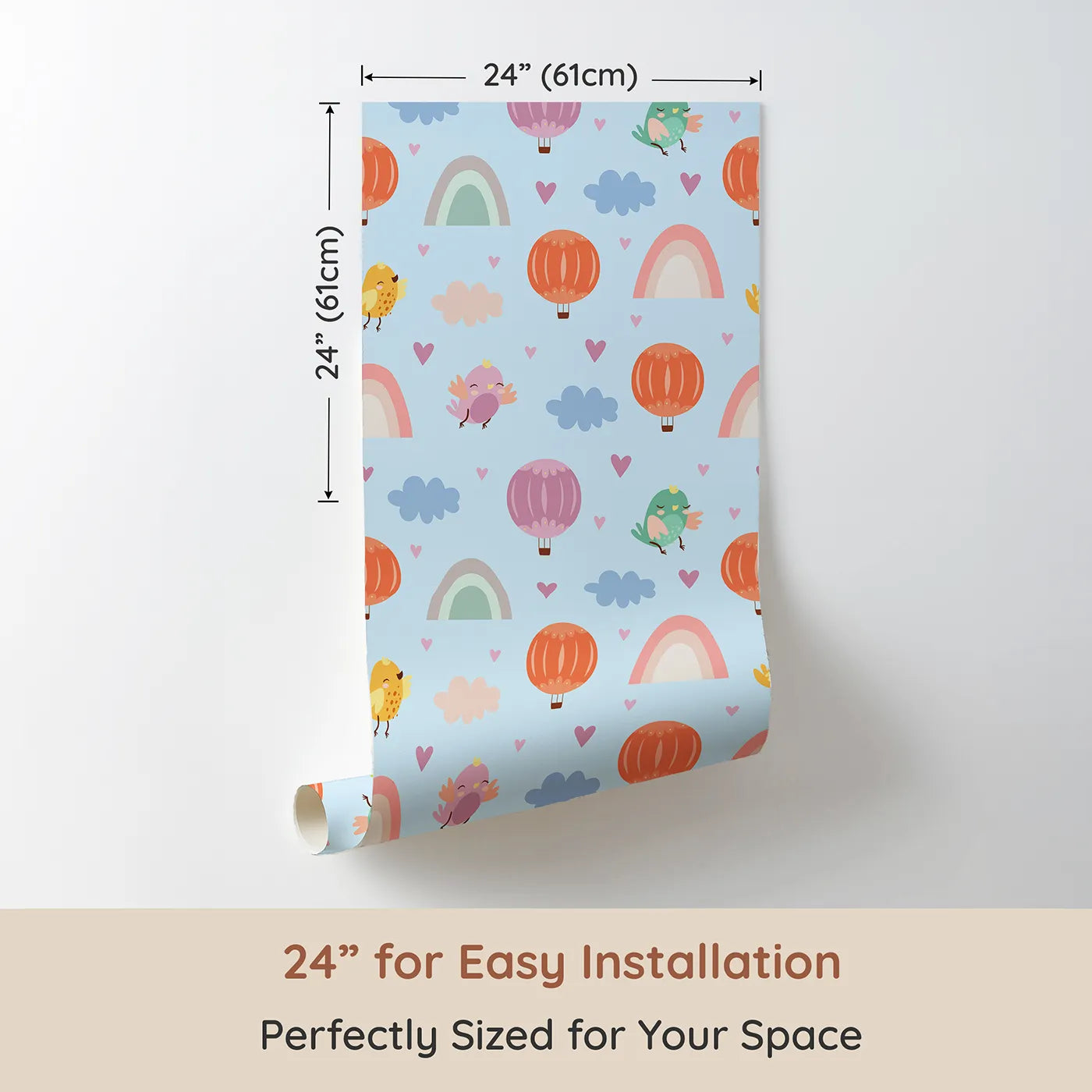 Dimension view of Whimsy Tots Birdie Rainbow Float Parade Wallpaper in Sky Breeze (W3155D). Printed in 24-inch-wide panel for easy installation. Cheerful birds and gentle rainbows glide through a breezy blue sky.