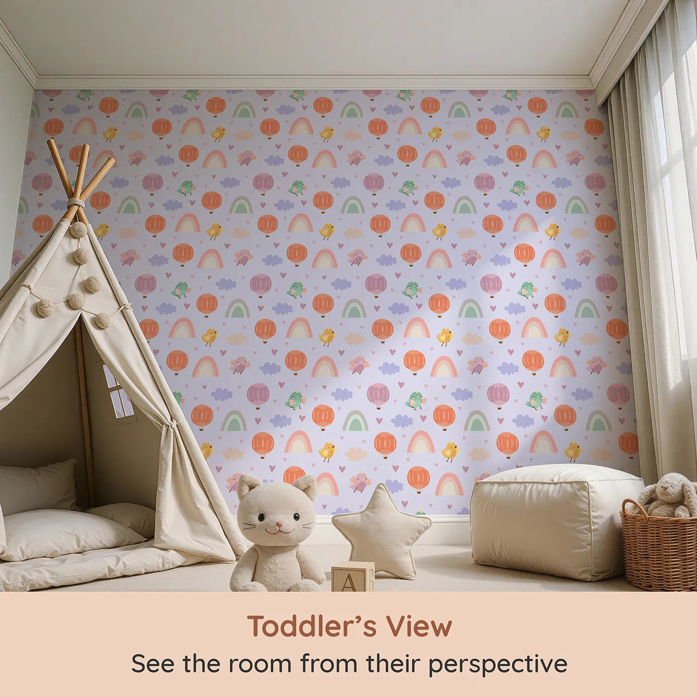 Whimsy Tots Birdie Rainbow Float Parade Wallpaper in Lavender Daydream (W3155E) from your child's view.Lavender clouds and feathered friends bring quiet joy to pastel skies.