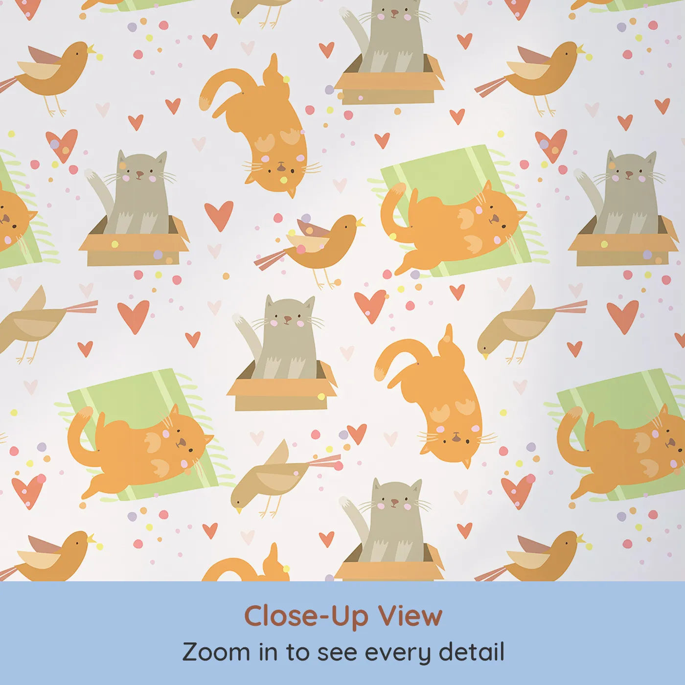 Close-up view of Whimsy Tots' Catnap and Chirp Parade Wallpaper in Cream (W3156A).Playful kitties and cheerful birds bring soft giggles and pastel joy.