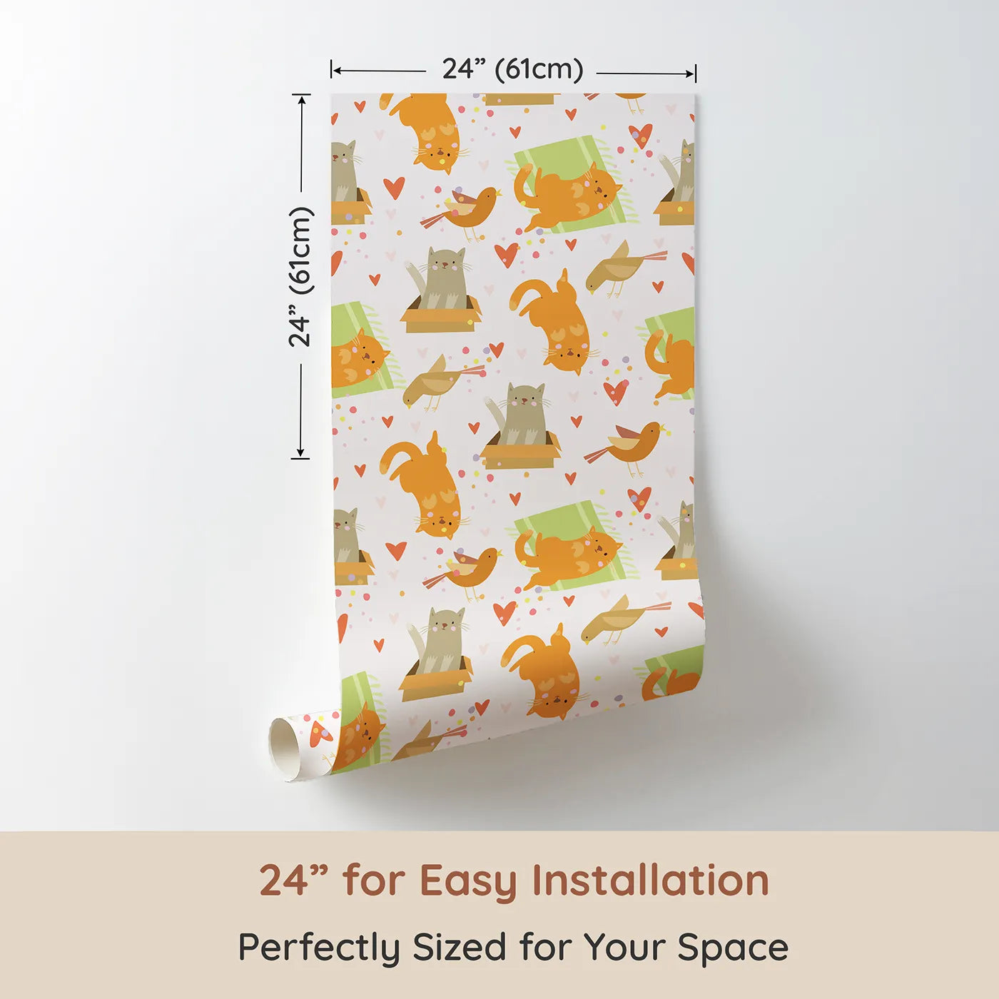 Dimension view of Whimsy Tots Catnap and Chirp Parade Wallpaper in Cream (W3156A). Printed in 24-inch-wide panel for easy installation. Playful kitties and cheerful birds bring soft giggles and pastel joy.