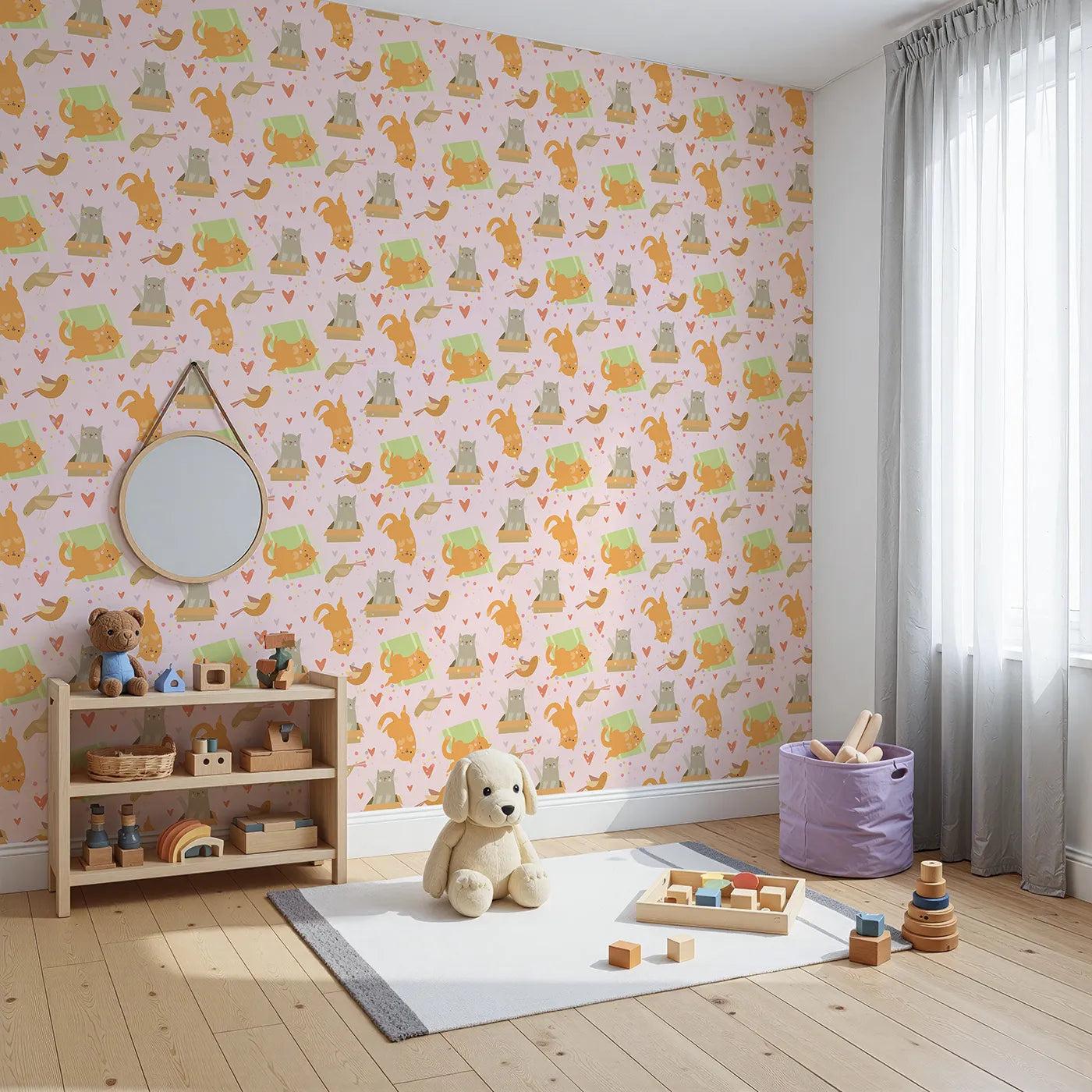 Angled view of Whimsy Tots' Catnap and Chirp Parade Wallpaper in Blush Pink (W3156B).Kittens and birds share a pastel party filled with heartful joy.