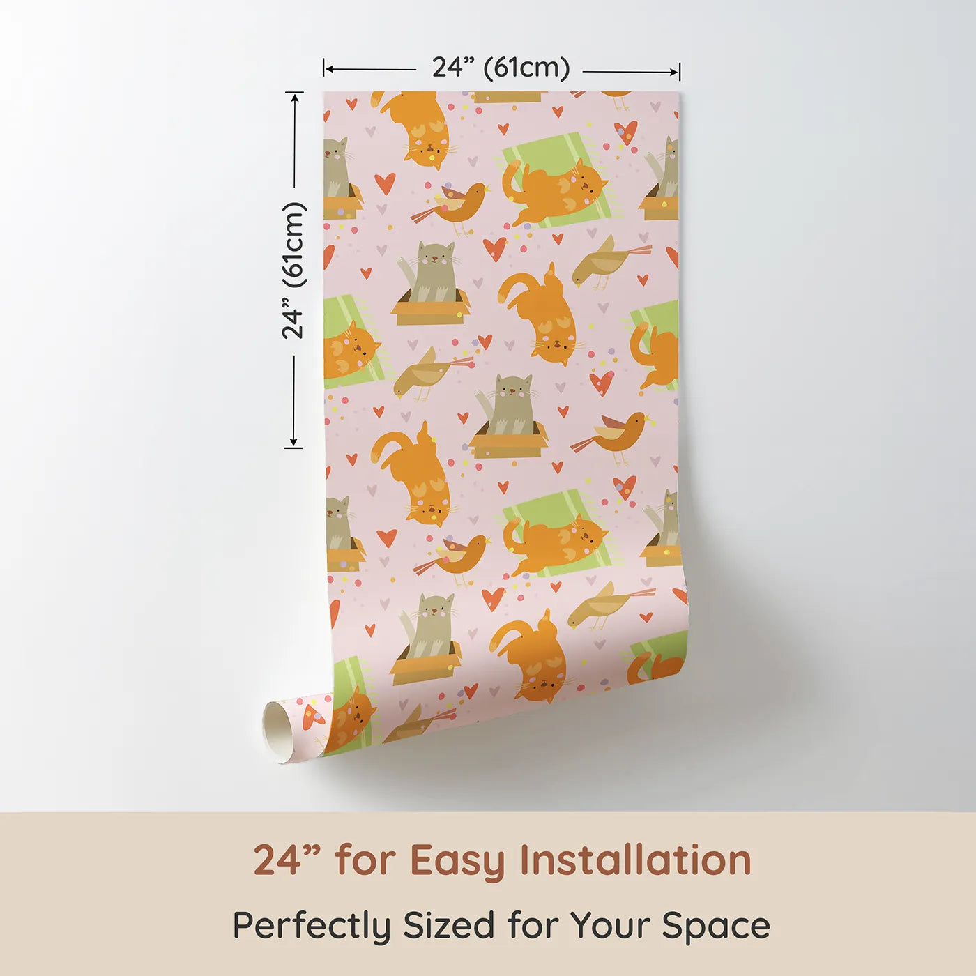 Dimension view of Whimsy Tots Catnap and Chirp Parade Wallpaper in Blush Pink (W3156B). Printed in 24-inch-wide panel for easy installation. Kittens and birds share a pastel party filled with heartful joy.