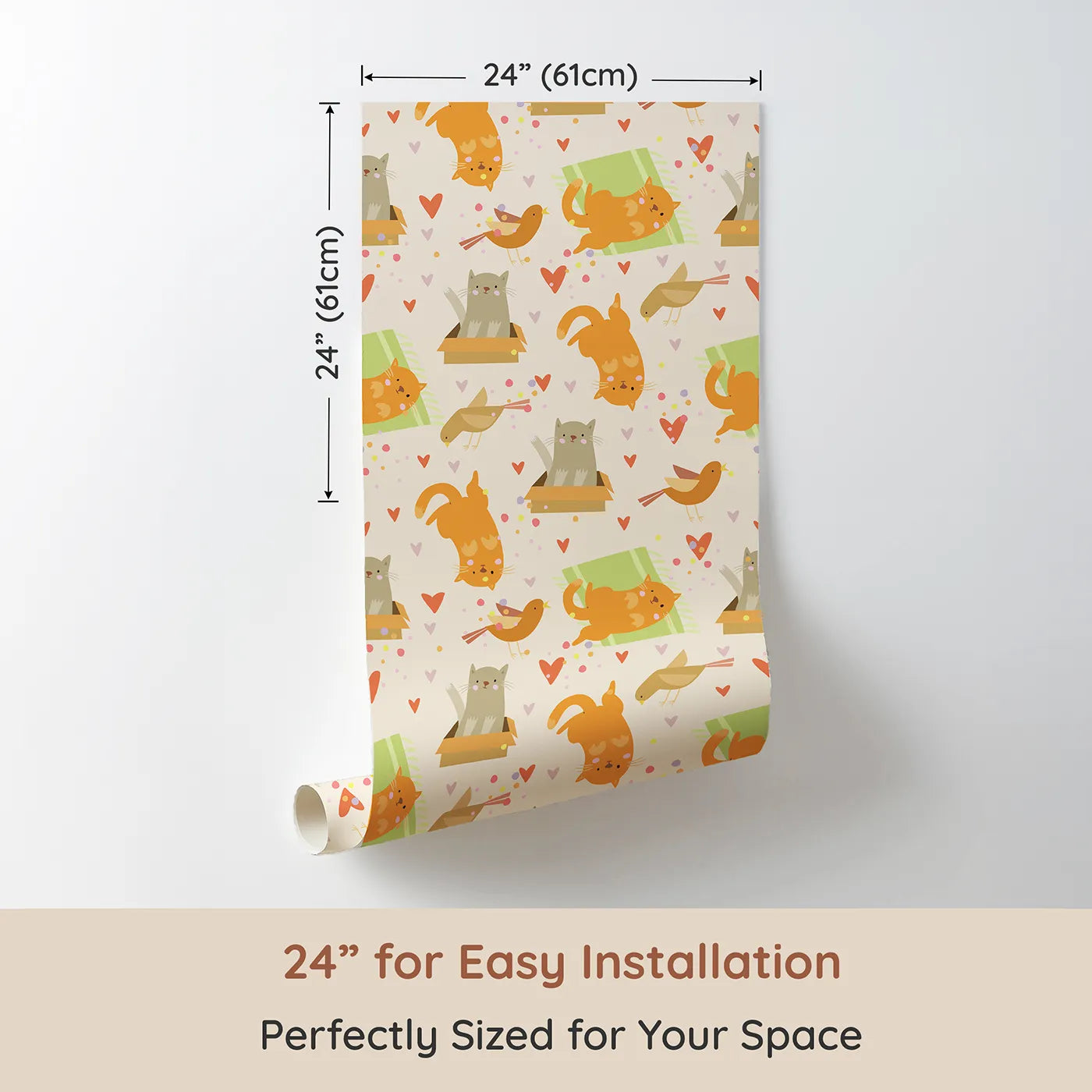 Dimension view of Whimsy Tots Catnap and Chirp Parade Wallpaper in Beige (W3156C). Printed in 24-inch-wide panel for easy installation. Curious cats and joyful birds bring playful charm to a cozy beige sky.