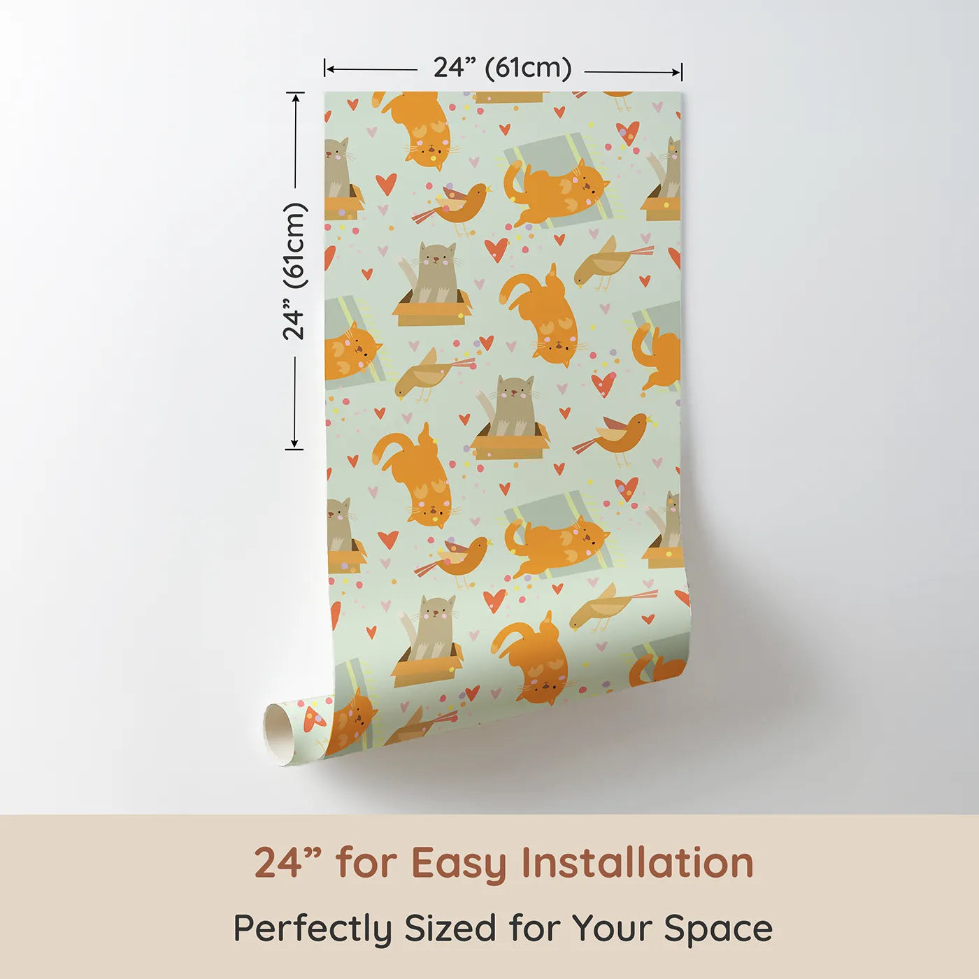 Dimension view of Whimsy Tots Catnap and Chirp Parade Wallpaper in Mint Green (W3156D). Printed in 24-inch-wide panel for easy installation. Silly kitties and chirping birds bring gentle joy across a minty sky.