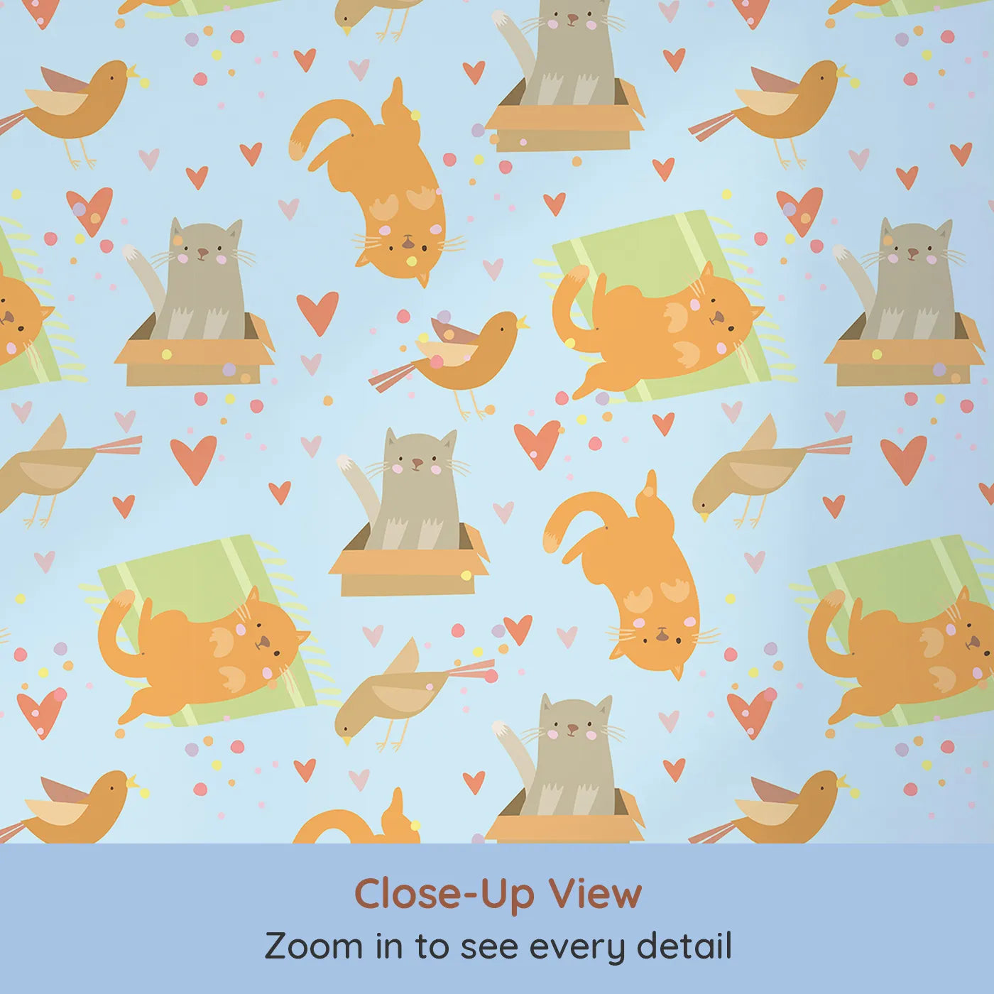 Close-up view of Whimsy Tots' Catnap and Chirp Parade Wallpaper in Blue (W3156E).Curious kittens and friendly birds brighten every corner with calm and joy.