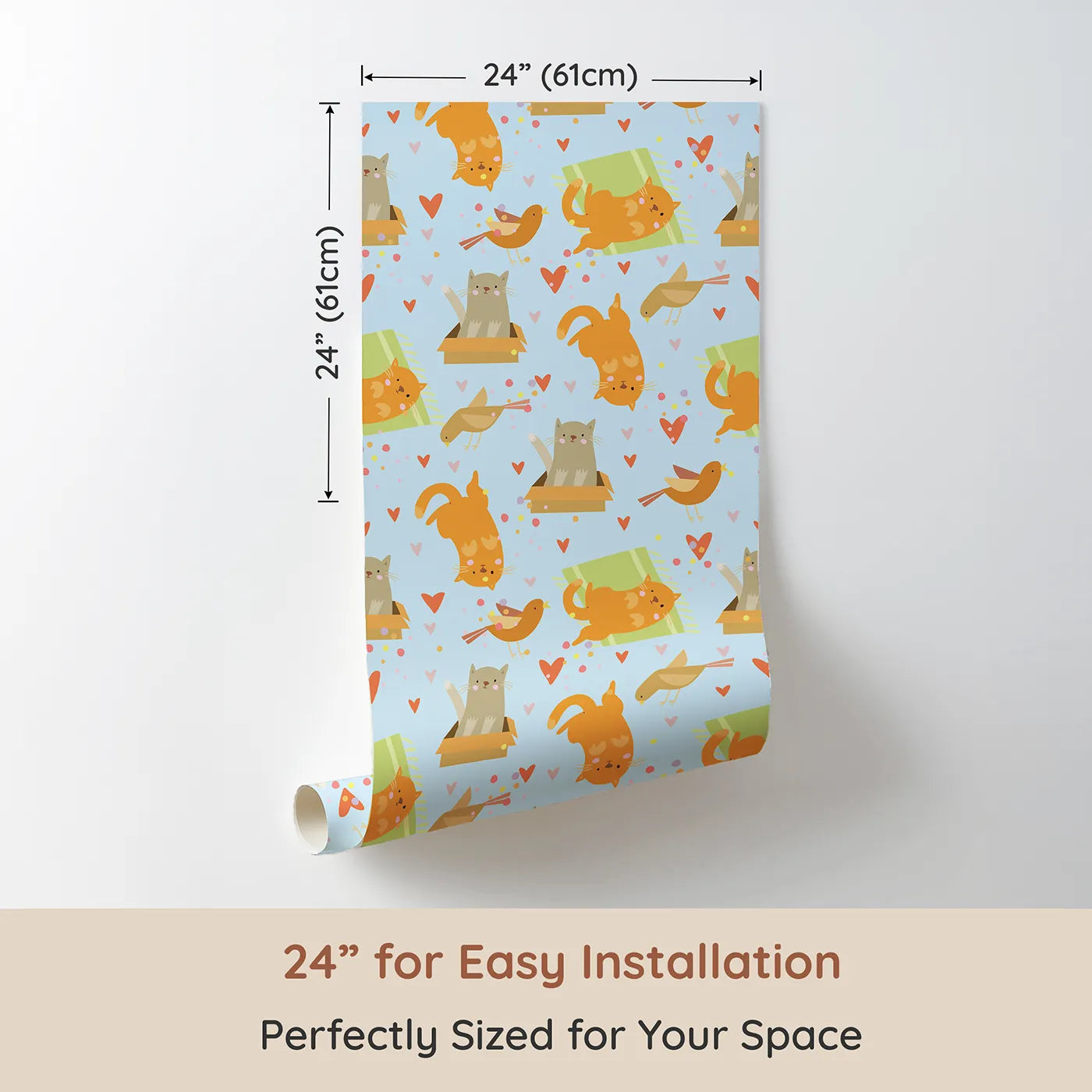 Dimension view of Whimsy Tots Catnap and Chirp Parade Wallpaper in Blue (W3156E). Printed in 24-inch-wide panel for easy installation. Curious kittens and friendly birds brighten every corner with calm and joy.