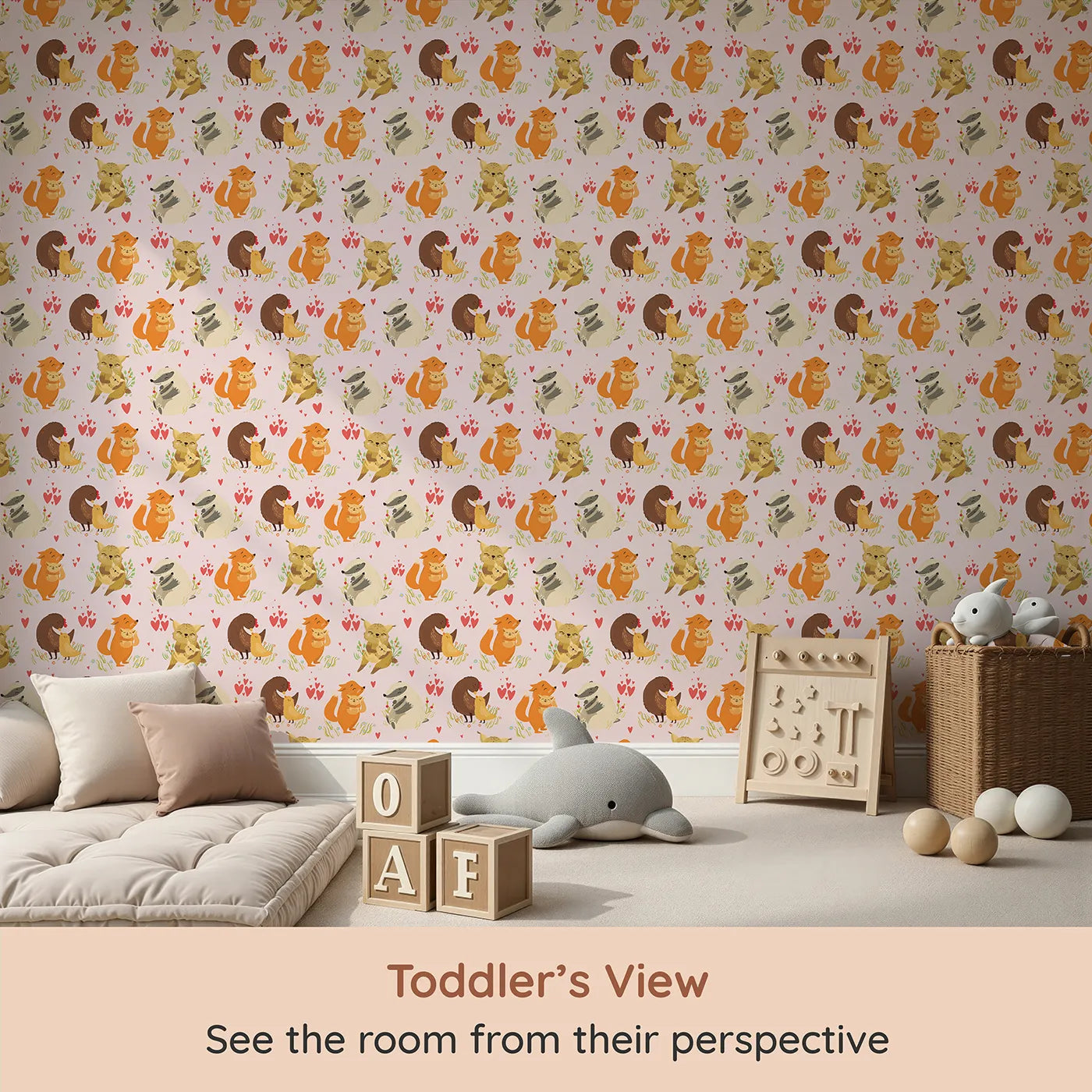 Whimsy Tots Cuddle Buddies Parade Wallpaper in Blush Pink (W3157B) from your child's view.Loving animal pairs share gentle cuddles across a pink field of joy.