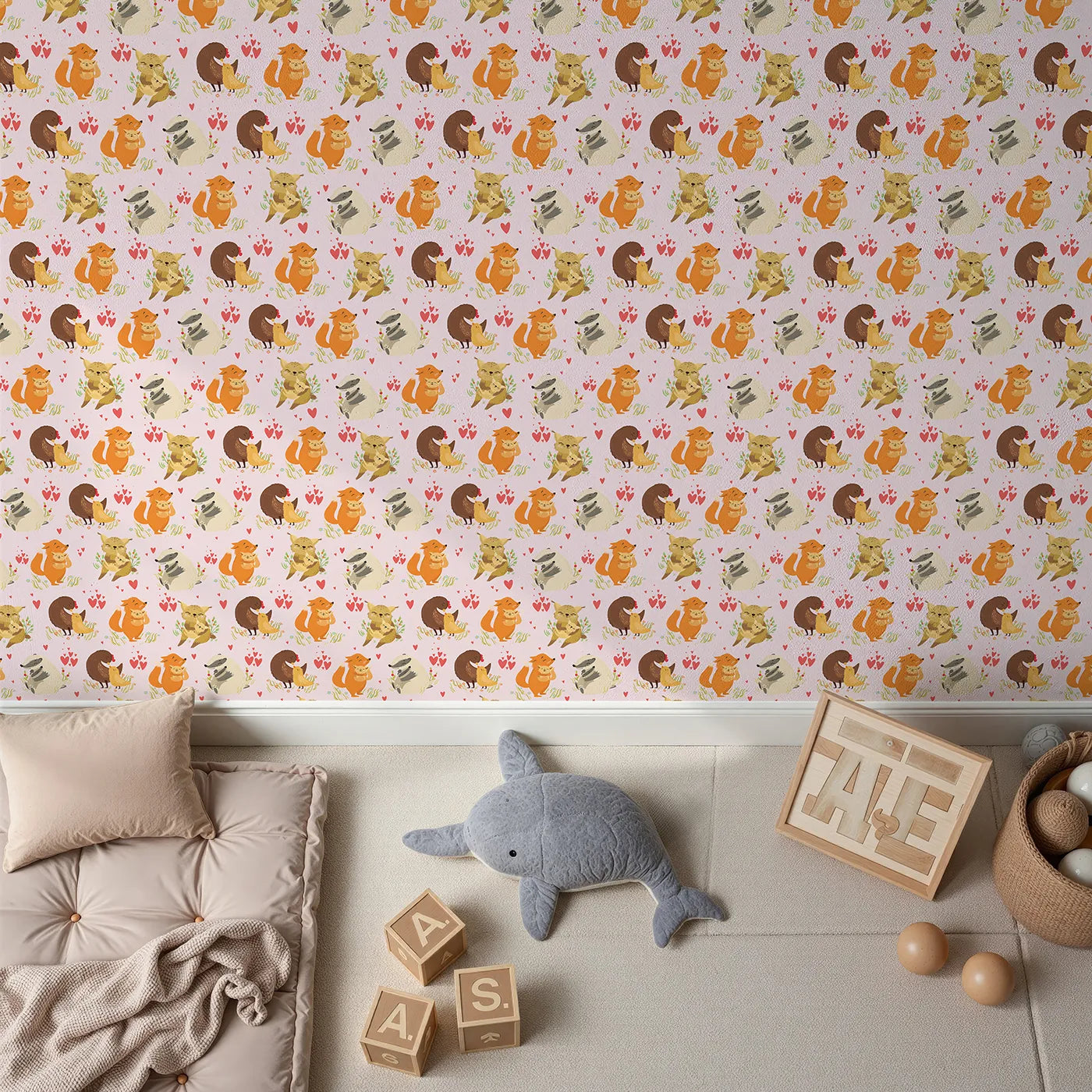 Top-Down view of Whimsy Tots' Cuddle Buddies Parade Wallpaper in Blush Pink (W3157B).Loving animal pairs share gentle cuddles across a pink field of joy.