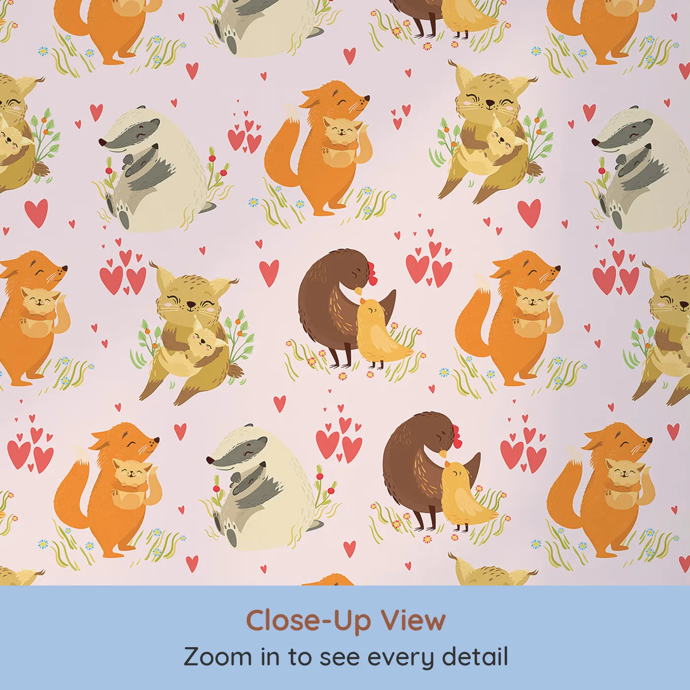 Close-up view of Whimsy Tots' Cuddle Buddies Parade Wallpaper in Blush Pink (W3157B).Loving animal pairs share gentle cuddles across a pink field of joy.