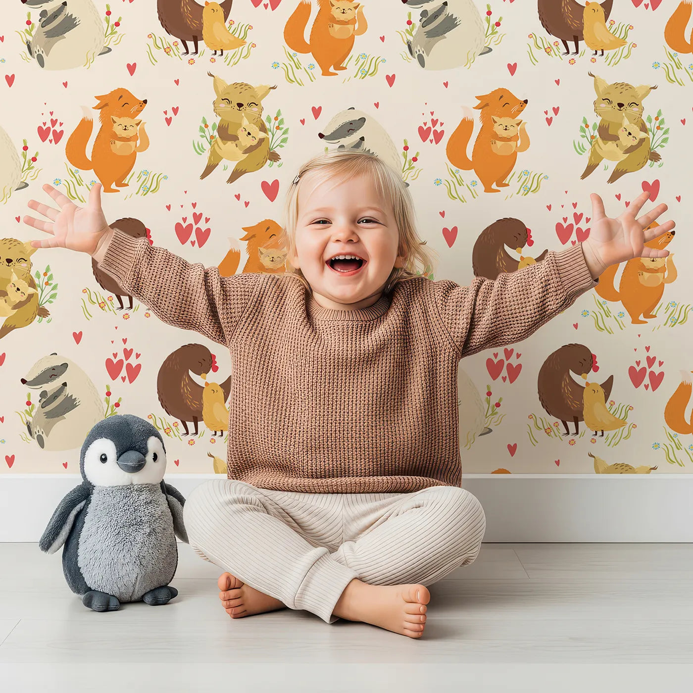 Lovely child standing in front of Whimsy Tots Cuddle Buddies Parade Wallpaper in Cream with fox, bird, badger, cat, heart, flower in design.