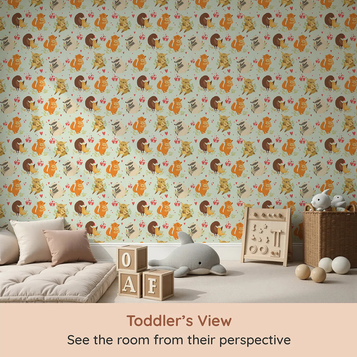 Whimsy Tots Cuddle Buddies Parade Wallpaper in Mint Green (W3157D) from your child's view.Cuddly woodland pairs bring warmth to a breezy mint meadow.