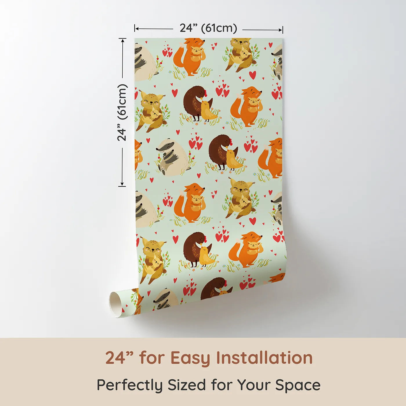 Dimension view of Whimsy Tots Cuddle Buddies Parade Wallpaper in Mint Green (W3157D). Printed in 24-inch-wide panel for easy installation. Cuddly woodland pairs bring warmth to a breezy mint meadow.