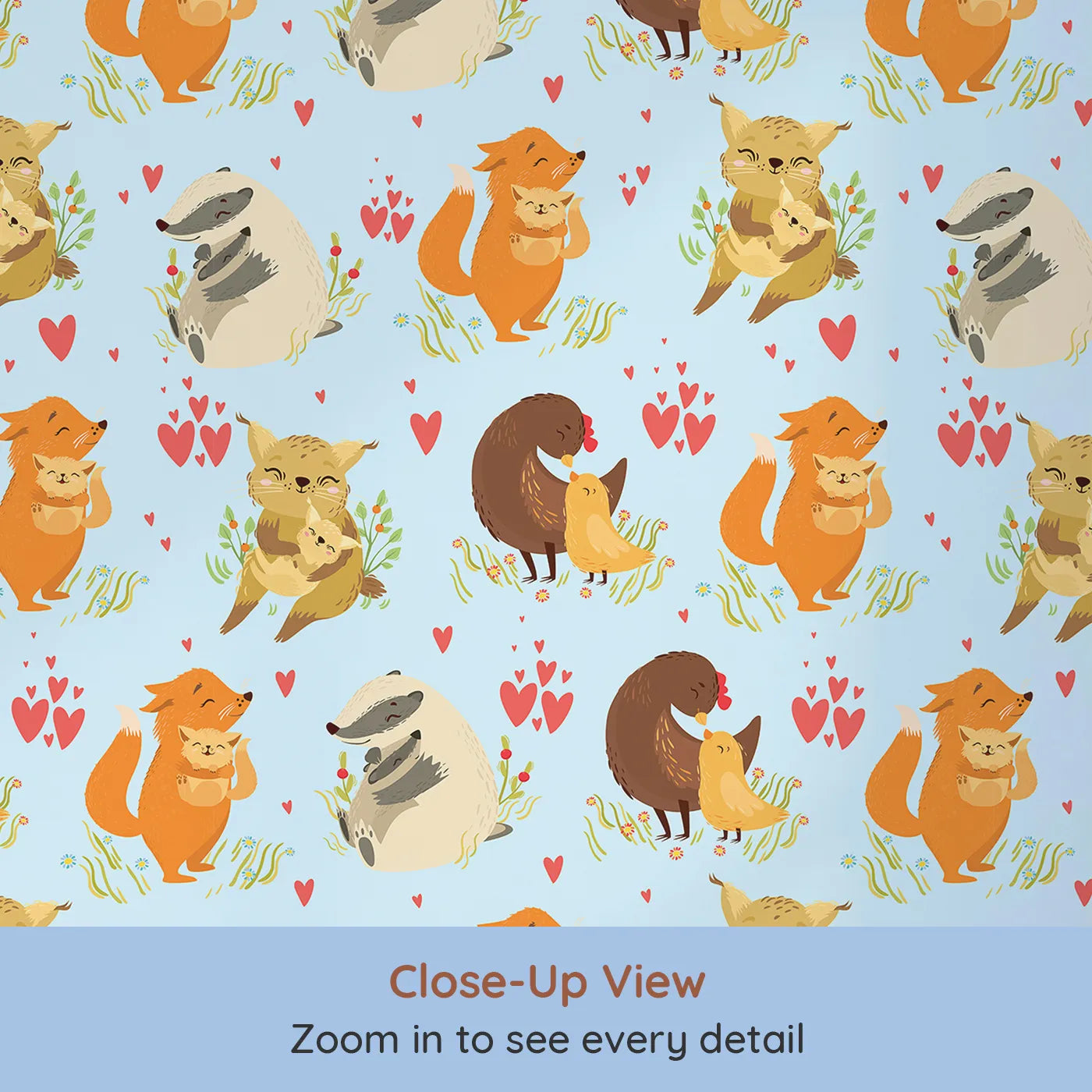 Close-up view of Whimsy Tots' Cuddle Buddies Parade Wallpaper in Blue (W3157E).Gentle woodland creatures share hugs across a cheerful blue field.