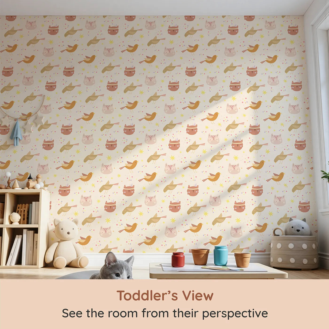 Whimsy Tots Feathered Friends and Fuzzy Faces Parade Wallpaper in Cream (W3158C) from your child's view.Kittens, foxes, and birds float gently across a dreamy cream sky.
