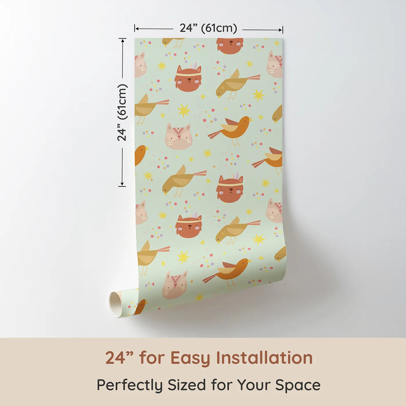 Dimension view of Whimsy Tots Feathered Friends and Fuzzy Faces Parade Wallpaper in Mint (W3158D). Printed in 24-inch-wide panel for easy installation. Cheerful critters and singing birds float across a minty morning sky.