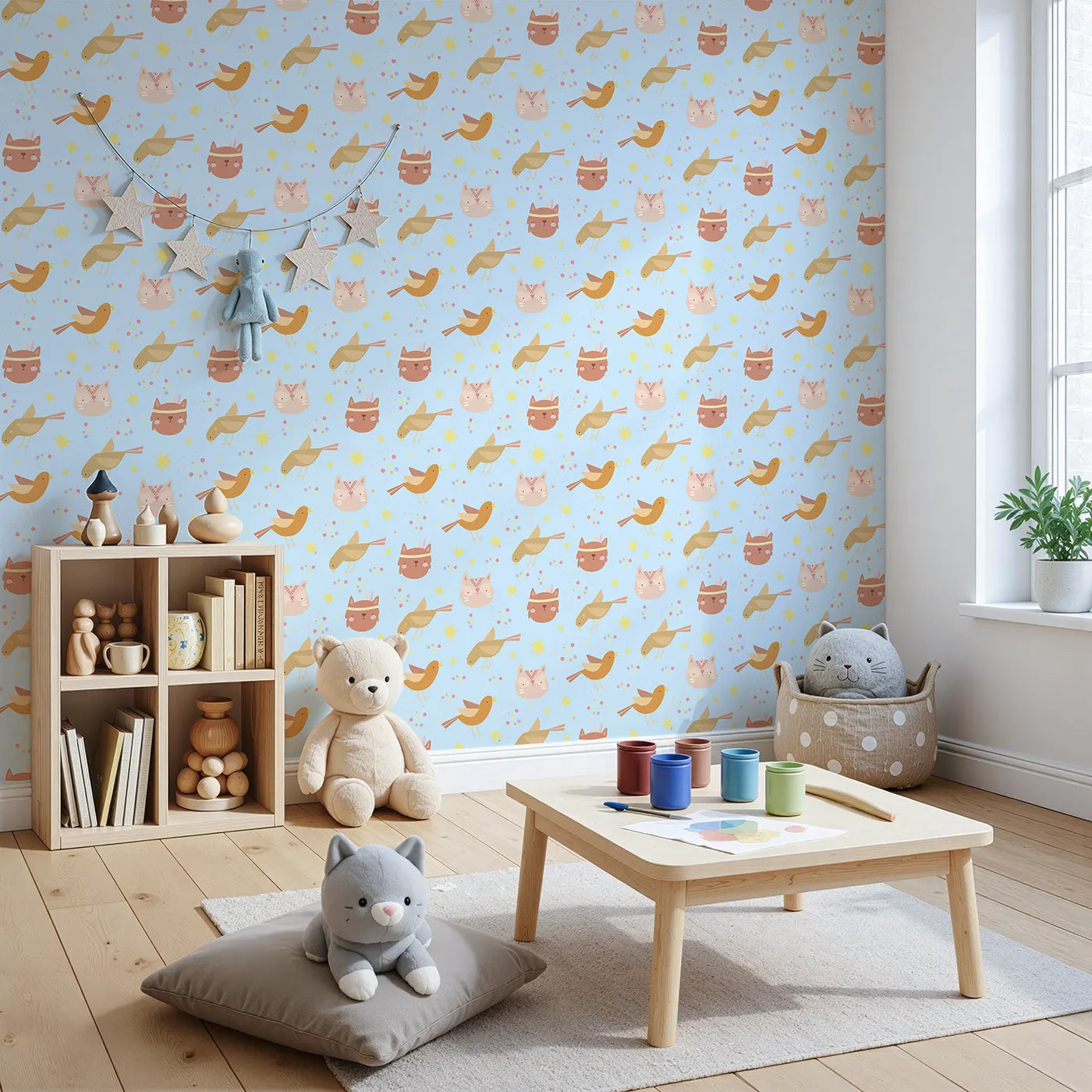 Angled view of Whimsy Tots' Feathered Friends and Fuzzy Faces Parade Wallpaper in Blue (W3158E).Woodland animals and singing birds drift across a soft blue sky.
