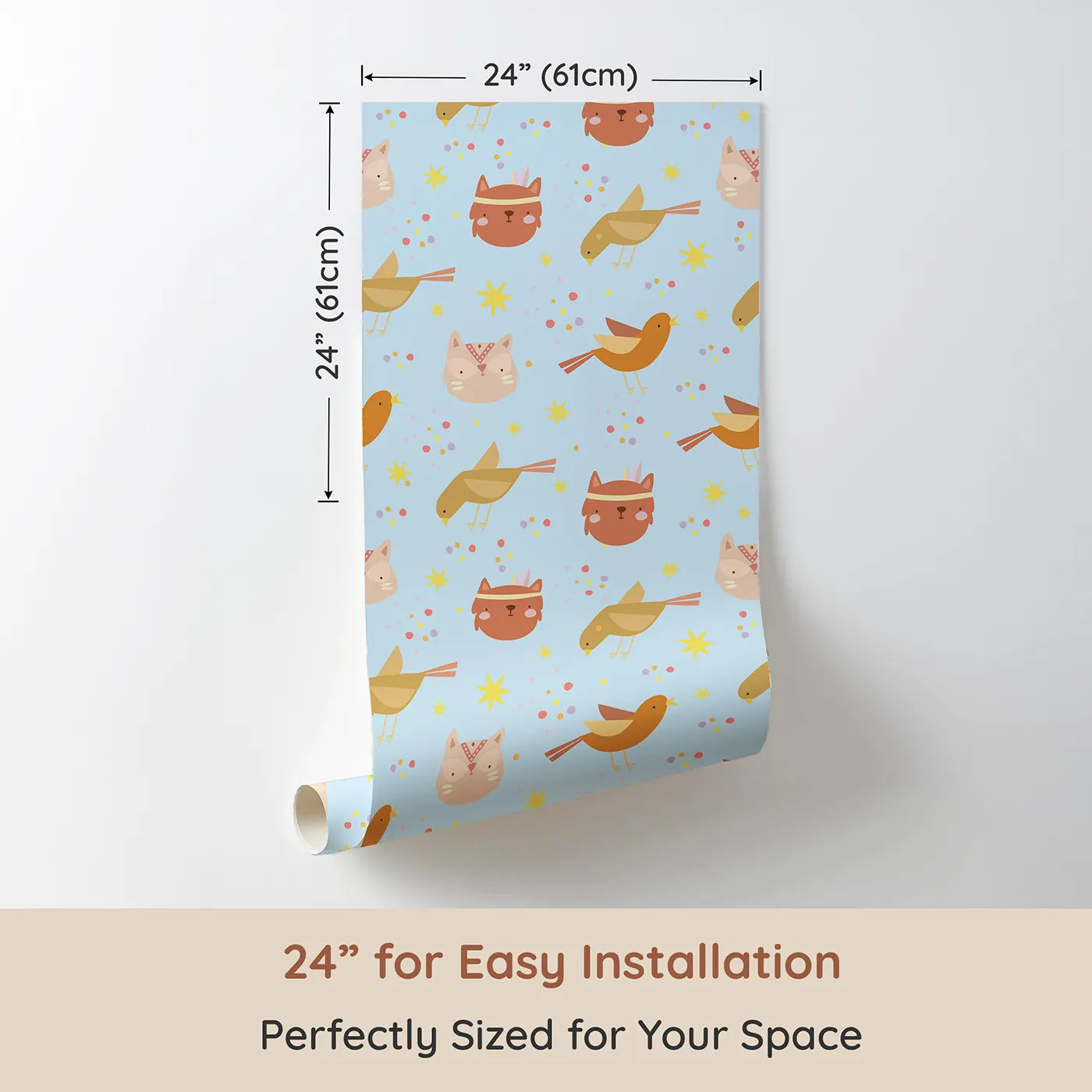 Dimension view of Whimsy Tots Feathered Friends and Fuzzy Faces Parade Wallpaper in Blue (W3158E). Printed in 24-inch-wide panel for easy installation. Woodland animals and singing birds drift across a soft blue sky.