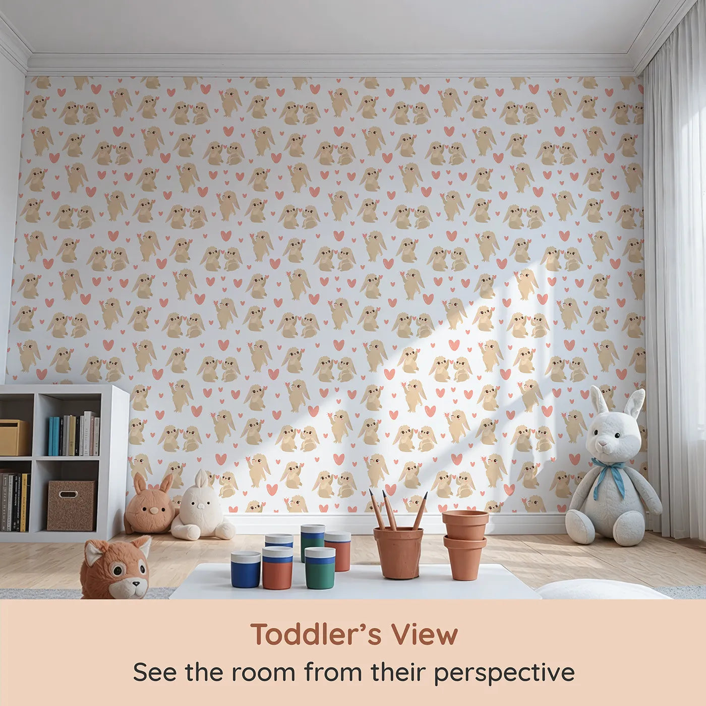 Whimsy Tots Heartful Bunny Parade Wallpaper in White (W3159A) from your child's view.Sweet bunnies share little pink hearts across a cozy white field.
