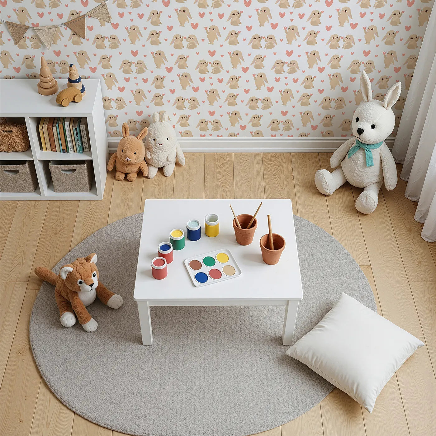 Top-Down view of Whimsy Tots' Heartful Bunny Parade Wallpaper in White (W3159A).Sweet bunnies share little pink hearts across a cozy white field.