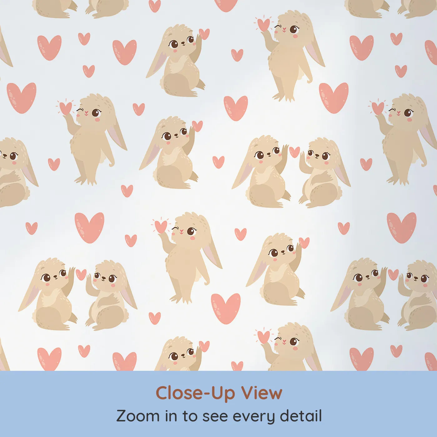 Close-up view of Whimsy Tots' Heartful Bunny Parade Wallpaper in White (W3159A).Sweet bunnies share little pink hearts across a cozy white field.