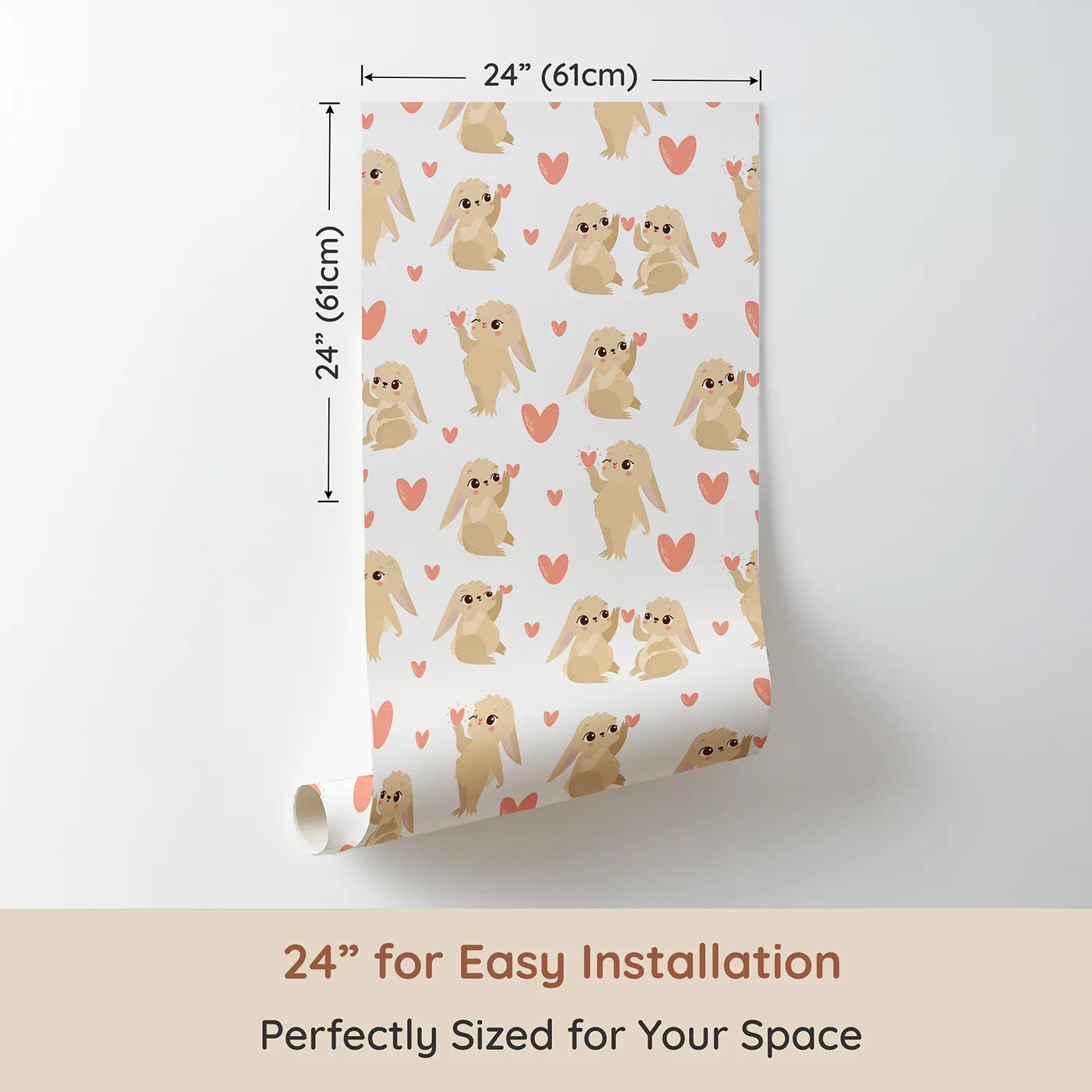Dimension view of Whimsy Tots Heartful Bunny Parade Wallpaper in White (W3159A). Printed in 24-inch-wide panel for easy installation. Sweet bunnies share little pink hearts across a cozy white field.