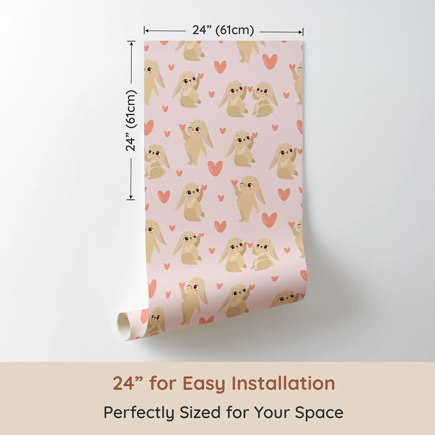 Dimension view of Whimsy Tots Heartful Bunny Parade Wallpaper in Blush Pink (W3159B). Printed in 24-inch-wide panel for easy installation. Lovable bunnies hold pink hearts across a gentle blush sky.