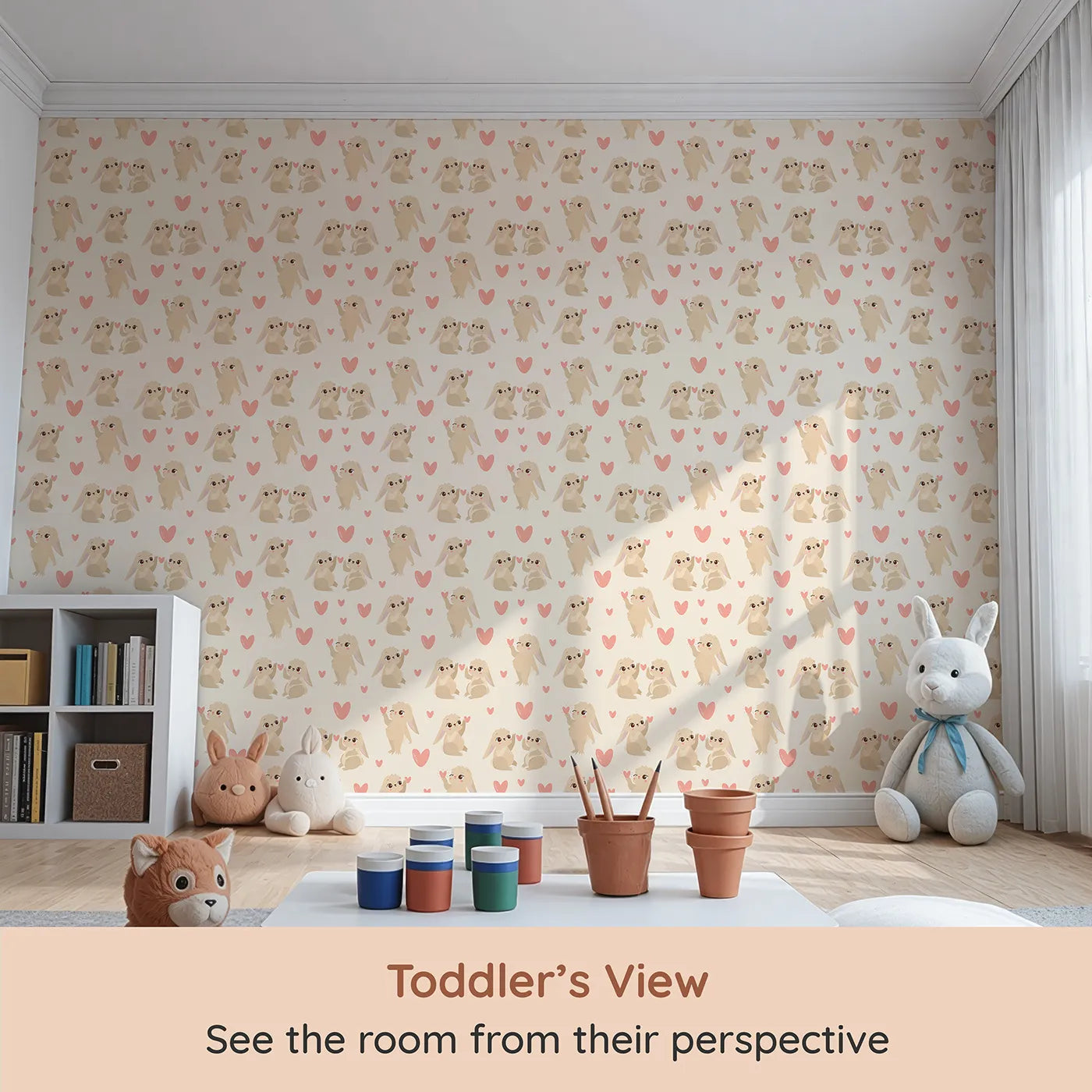 Whimsy Tots Heartful Bunny Parade Wallpaper in Cream (W3159C) from your child's view.Fluffy bunnies and soft hearts fill the walls with gentle delight.