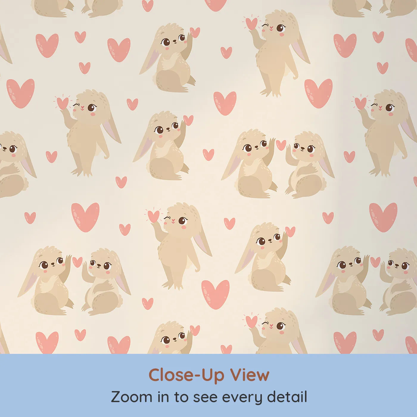 Close-up view of Whimsy Tots' Heartful Bunny Parade Wallpaper in Cream (W3159C).Fluffy bunnies and soft hearts fill the walls with gentle delight.