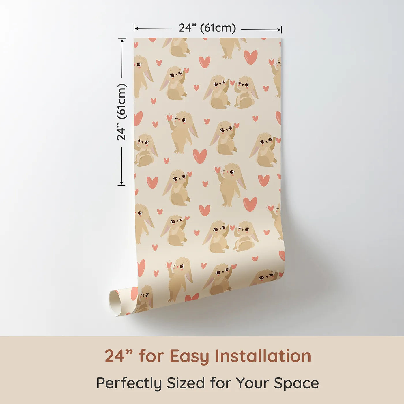 Dimension view of Whimsy Tots Heartful Bunny Parade Wallpaper in Cream (W3159C). Printed in 24-inch-wide panel for easy installation. Fluffy bunnies and soft hearts fill the walls with gentle delight.