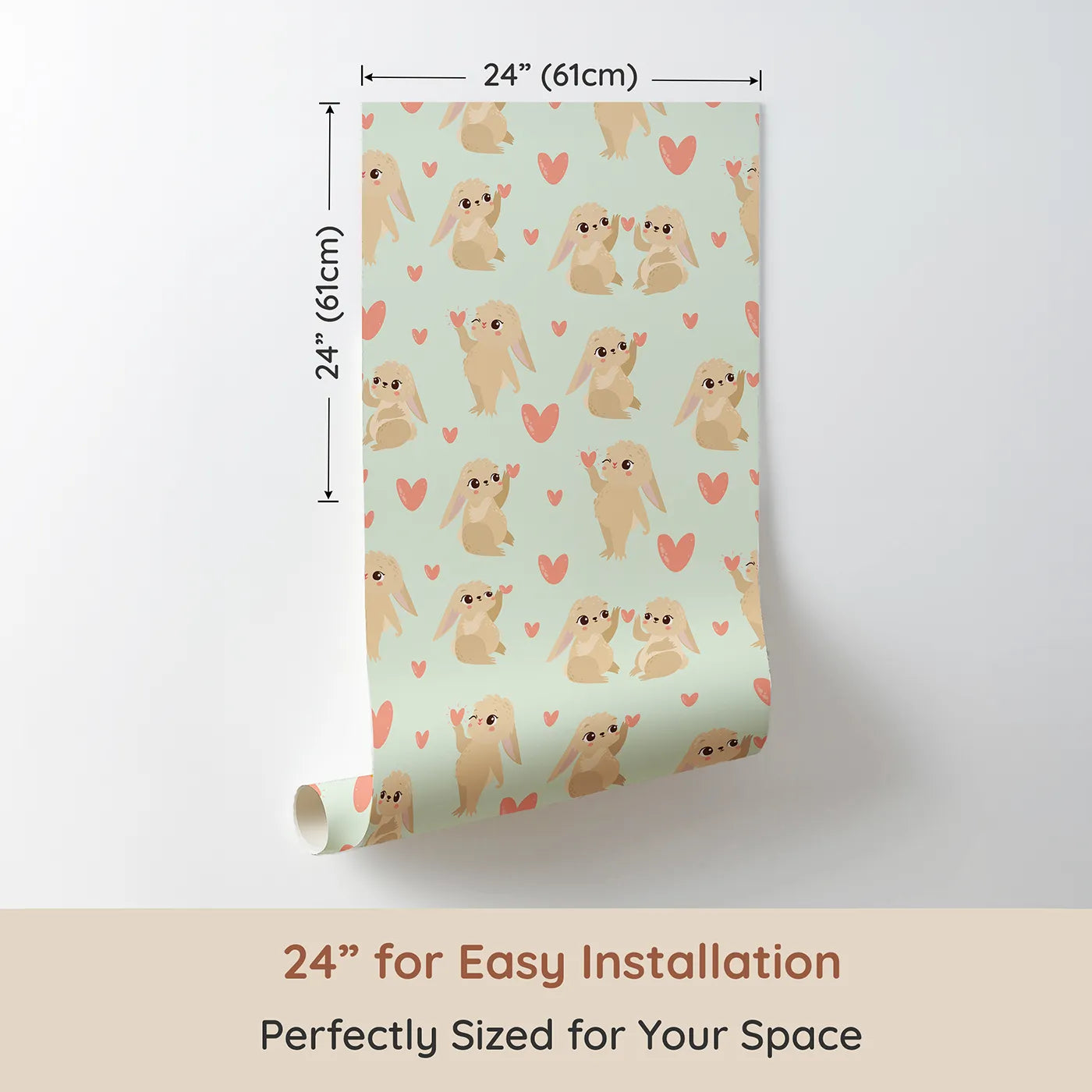 Dimension view of Whimsy Tots Heartful Bunny Parade Wallpaper in Mint Green (W3159D). Printed in 24-inch-wide panel for easy installation. Cuddly rabbits and rosy hearts dance on a fresh mint sky.