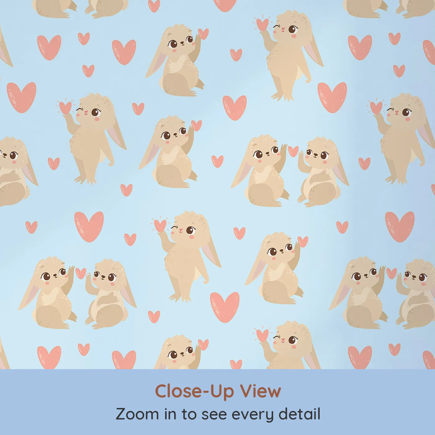 Close-up view of Whimsy Tots' Heartful Bunny Parade Wallpaper in Sky Blue (W3159E).Happy bunnies and soft hearts float across a cheerful blue sky.