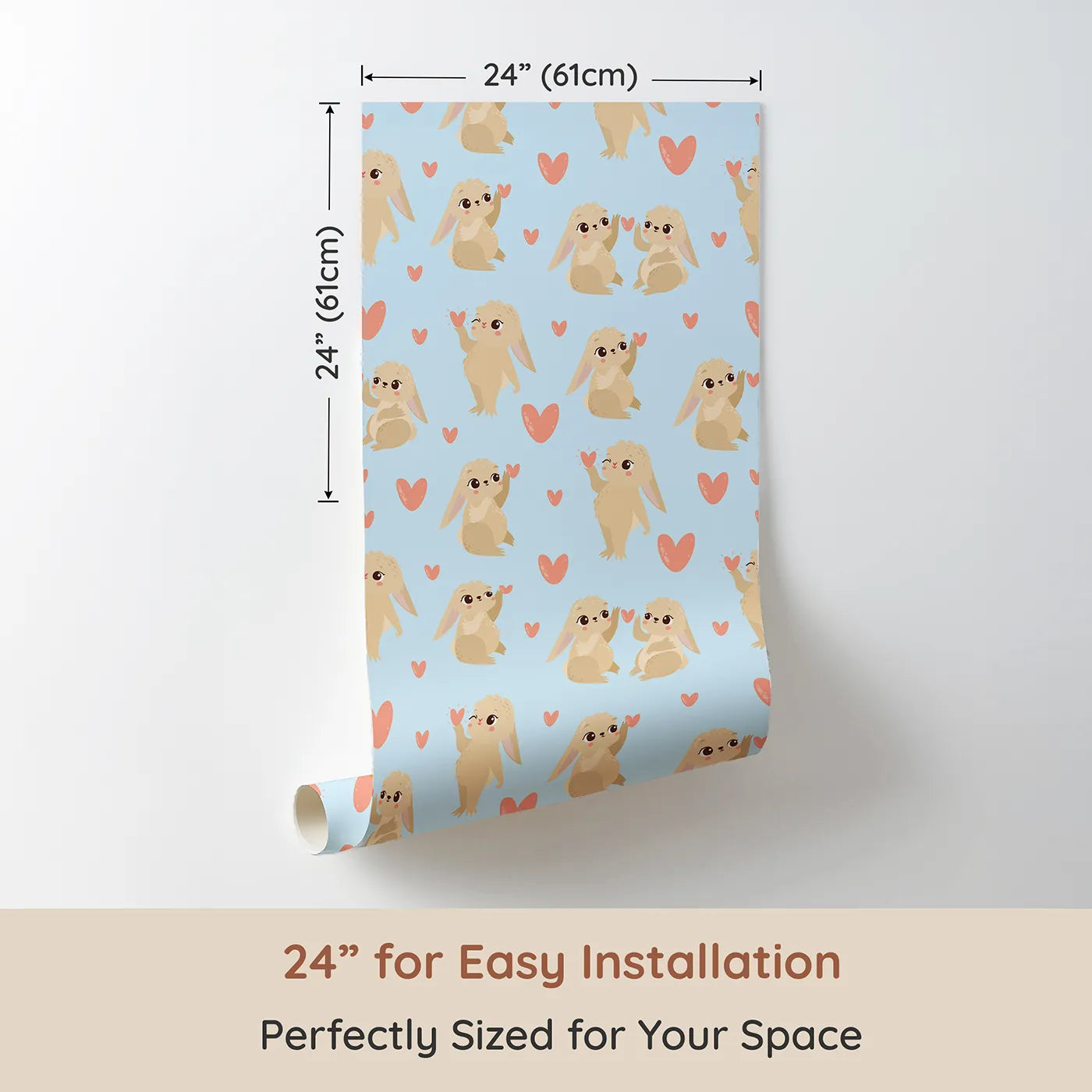 Dimension view of Whimsy Tots Heartful Bunny Parade Wallpaper in Sky Blue (W3159E). Printed in 24-inch-wide panel for easy installation. Happy bunnies and soft hearts float across a cheerful blue sky.
