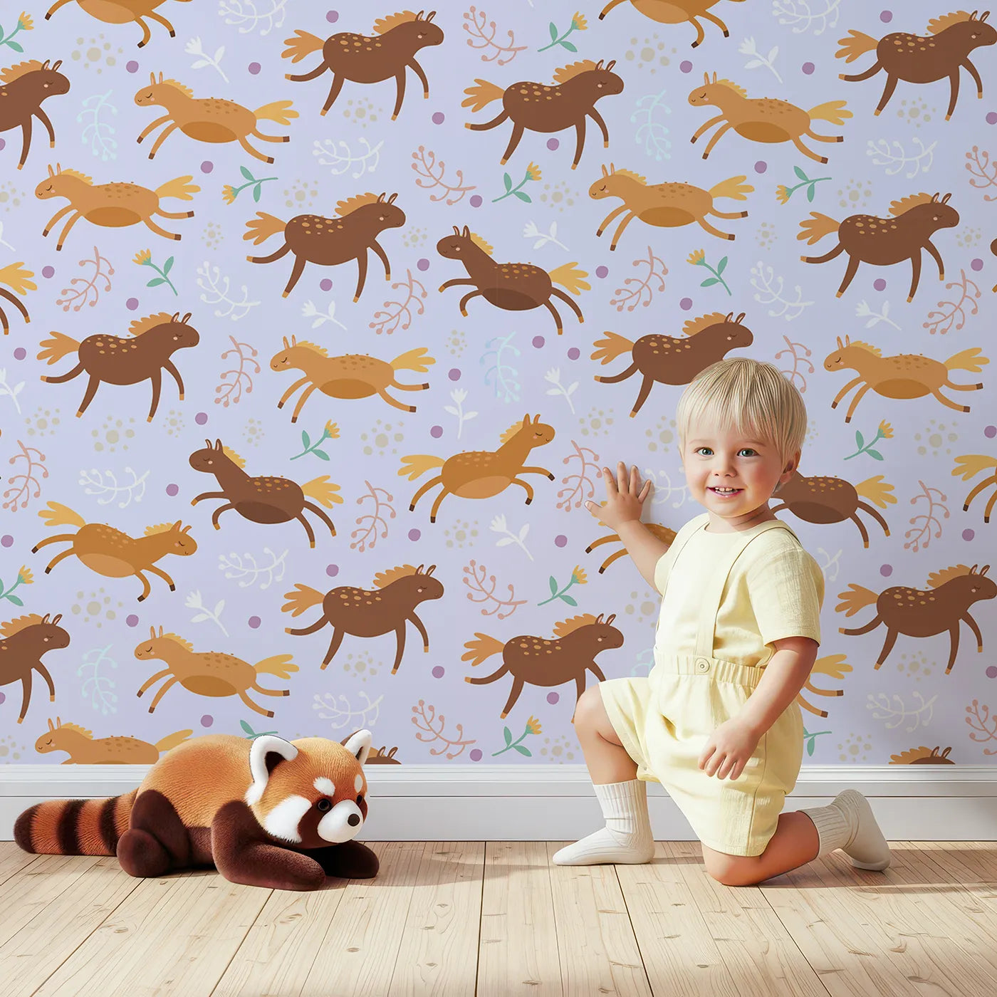Lovely child standing in front of Whimsy Tots Dreamy Pony Meadow Wallpaper in Lavender Sky with horse, flower, leaf, dot in design.