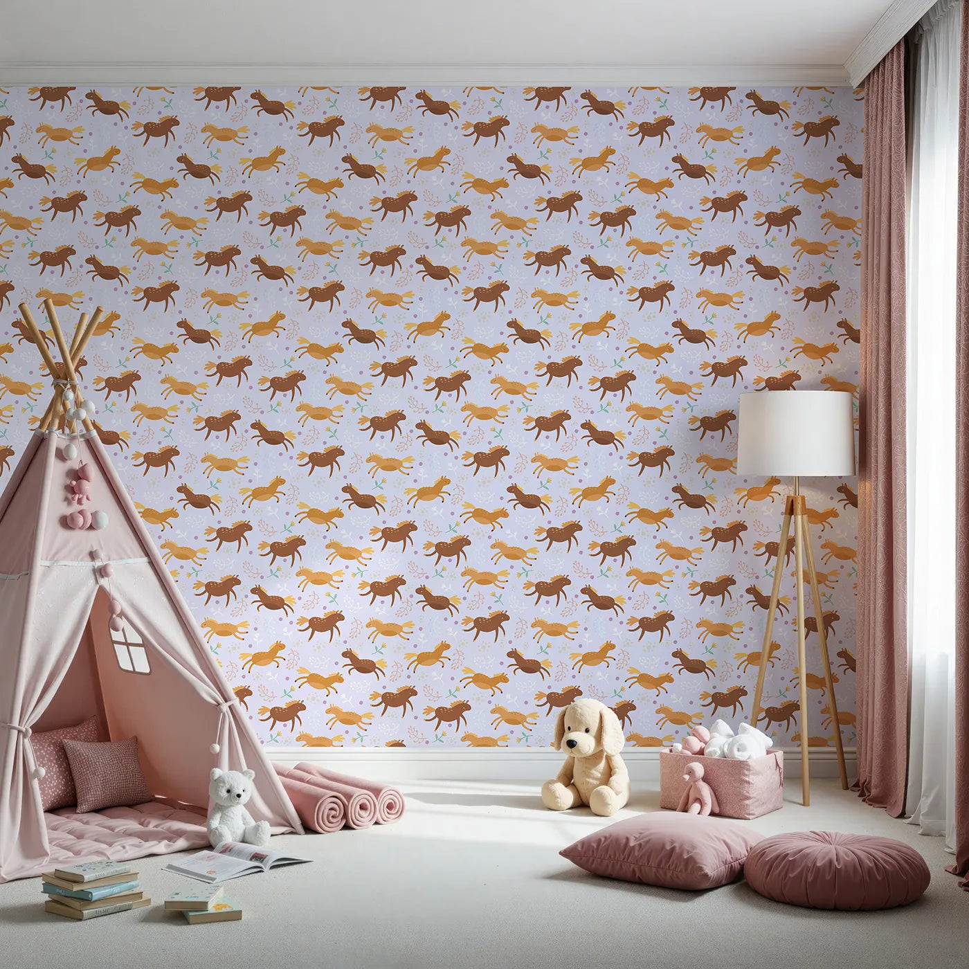 Front view of Whimsy Tots' Dreamy Pony Meadow Wallpaper in Lavender Sky